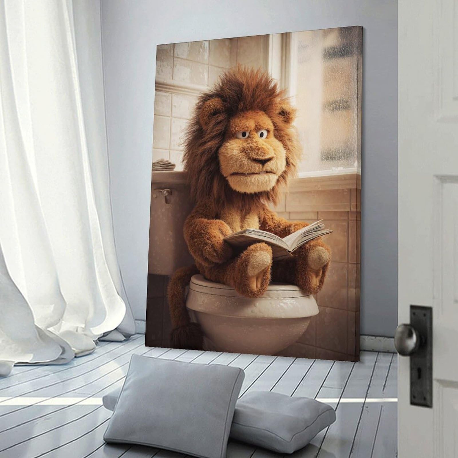Junmoney Frame-Style-6 Canvas Wall Decor Lion Reading On Toilet, 24X36inch(60X90cm), For Home Lounge, Bedroom Or Reading Nook, Eye Catching Artwork For Blank Walls