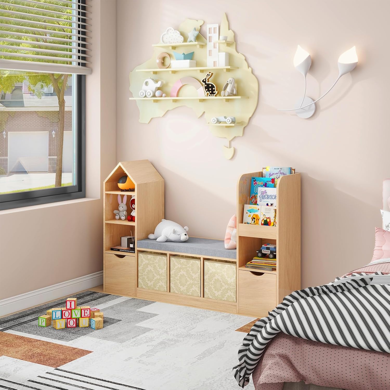 Vabches Toy Storage Organizer for Kids Bookshelf with Reading Nook, Multifunctional Kids Bookcase with 7 Storage Cubbies, 2 Movable Drawers and Seat Cushion for Keeping Kids' Toys Books Organized, Oak