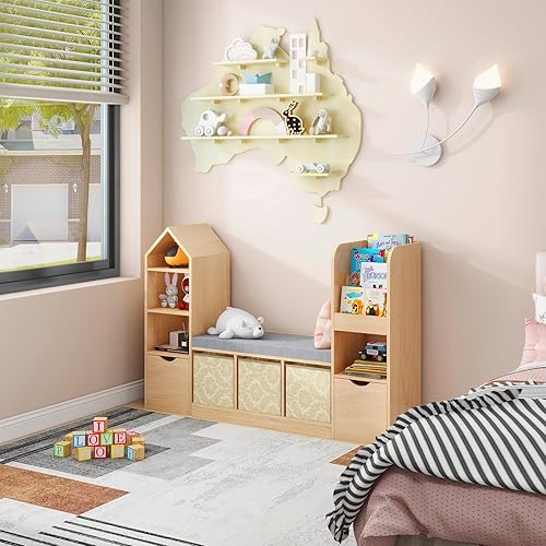 Miniatura 5 de Vabches Organizador de almacenamiento de juguetes para niños con rincón de lectura, estantería multifuncional para niños con 7 cubos de