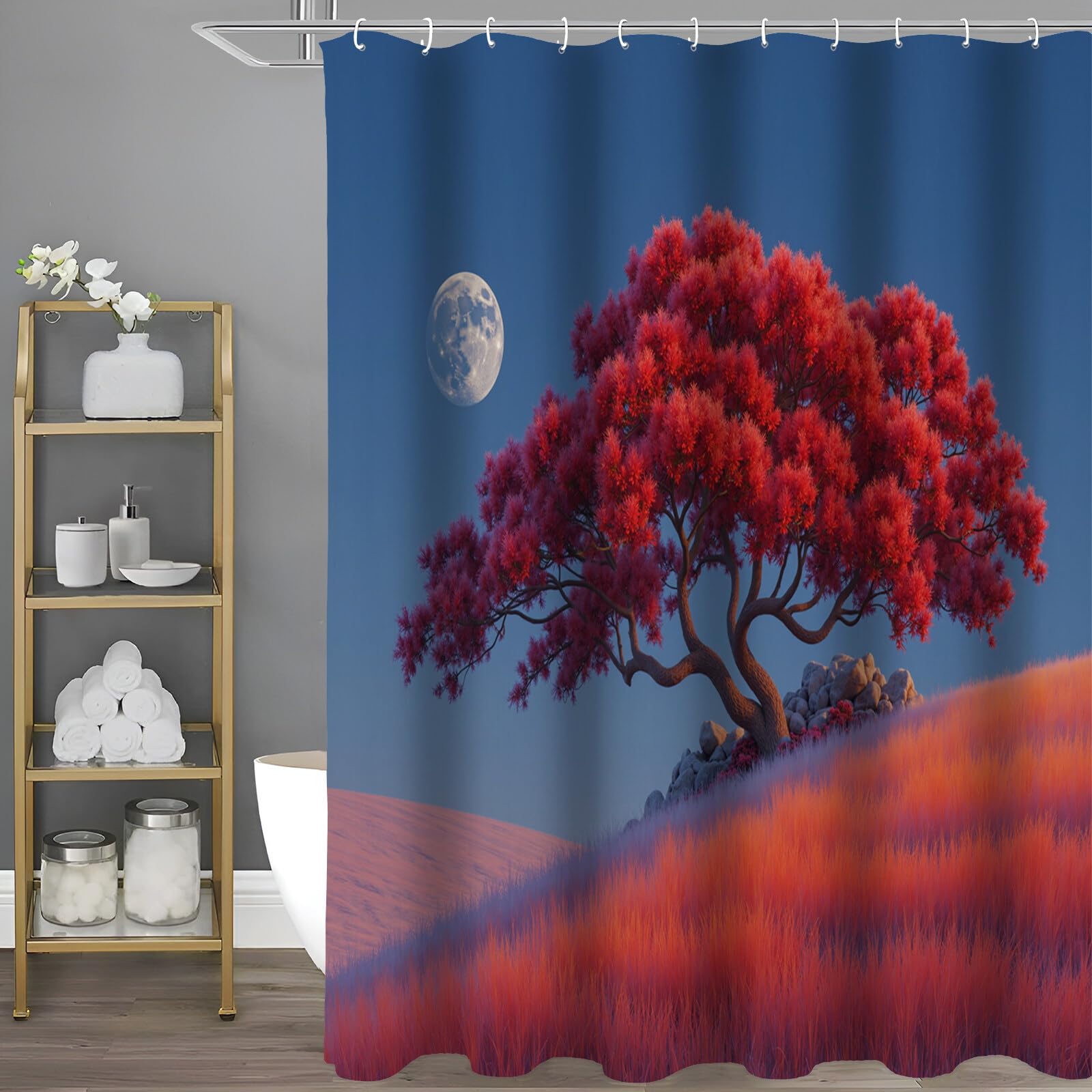 Rideau Douche,Rideau Baignoire Lavable en Machine Rideaux Douche Tissus Lavable Rideau De Baignoire Lavable pour Salle De Bain Domicile Baignoire Famille,Arbre De La Colline,