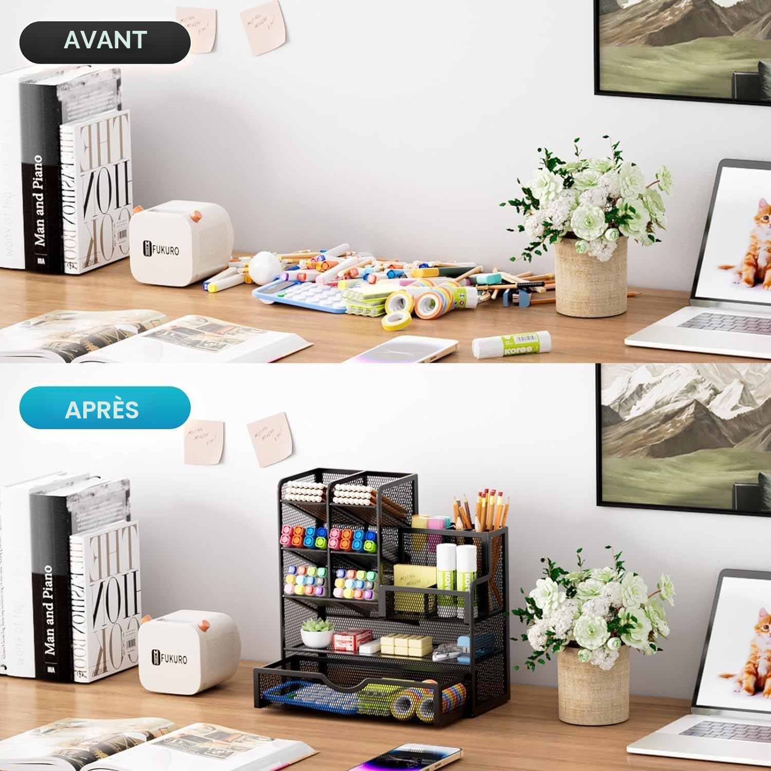 Marbrasse Organiseur de Bureau en Maille,Organiseur de Papeterie,Porte Stylos Multifonctionnel,Rangement de Bureau et Tiroir en Domicile(Noir)