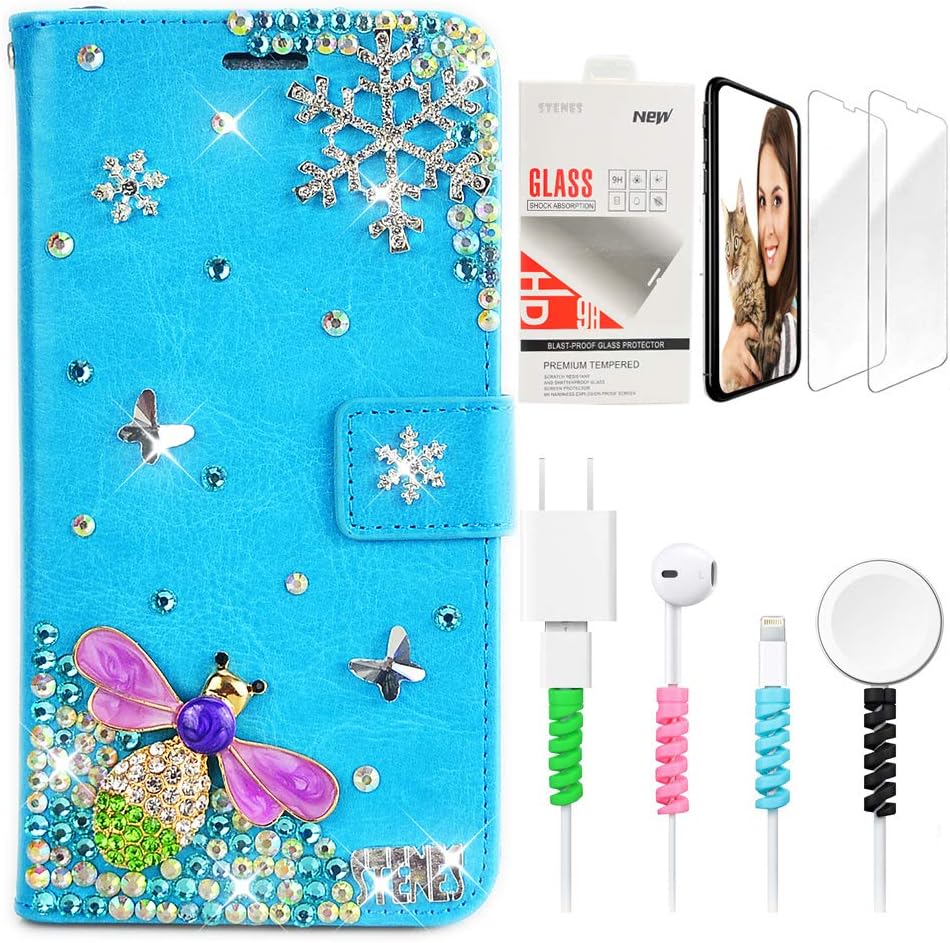 STENES Bling Wallet Case Compatible with Samsung Galaxy Z Fold 4 5G - Stylish - 3D Handmade Dragonfly Snow Butterfly Glitter Wallet Leather Cover with Screen Protector & Cable Protector - Blue