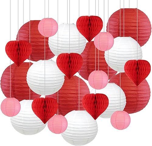 Just Artifacts Juego de 24 faroles de papel colgantes chinos para el día de San Valentín con corazones de panal noche de cita