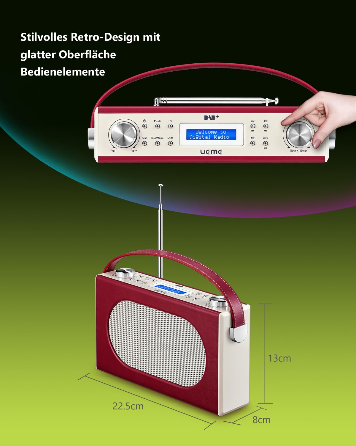 Tragbarer Retro Design DAB Plus/FM Radio, Bluetooth Lautsprecher DAB + Radio mit Wiederaufladbarer Lithium-Akku, Radiowecker, Starkem Empfang, Inklusive DC Netzkabel (Rot)