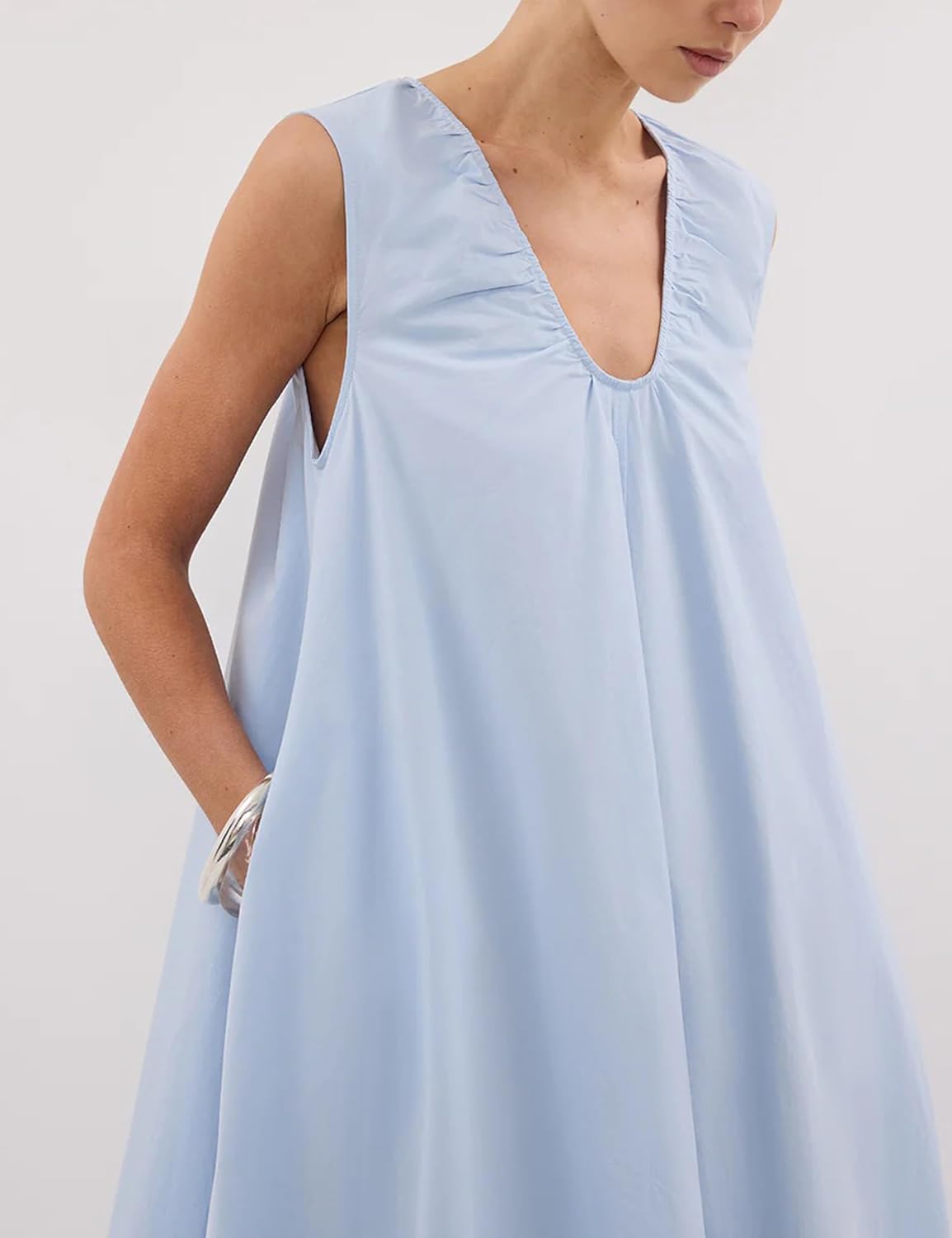 Majdan Womens Maxi Dress Cotton Scoop Neck Ruched Oversized Long Dress Sleeveless Beach Sundress with Pockets - Image 6