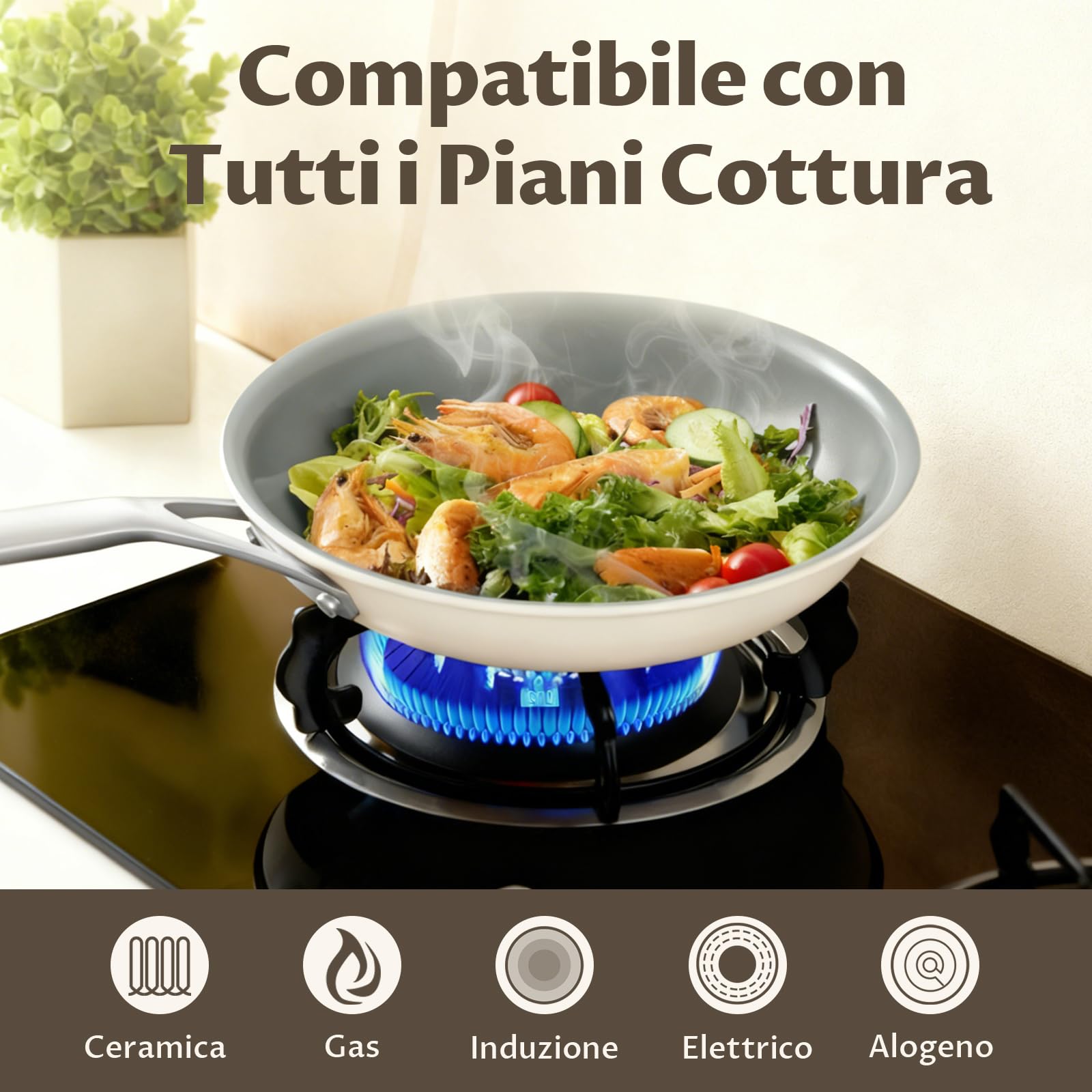 BLAZANT Padella Antiaderente 28cm in Ceramica, Senza PTFE e PFOA, con Manico in Acciaio Incluso, Base SolidPlate per Induzione, Padelle per Tutti i Piani Cottura, per Cucina Familiare Quotidiana