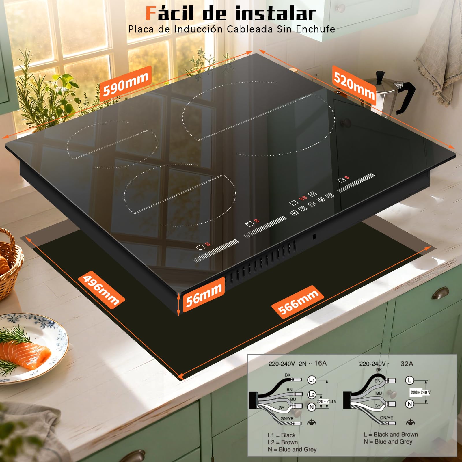 Placa inducción 3 Fuegos 6500w, 60cm, Vitroceramica Induccion Empotrable de Función Boost, con 9 Niveles de Potencia, Temporizador, Función de Pausa, Bloqueo de Seguridad, Encimera Induccion 220V~240V