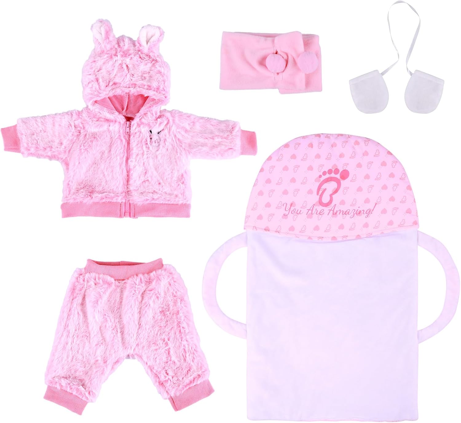 BABESIDE 5 Pcs Reborn Baby Doll Accessories Set for 17-22 Inch Babydolls, Cute Bunny Doll Clothes Pants with Doll Bassinet and Scarf Gloves for Realistic Baby Dolls Girl, Pink