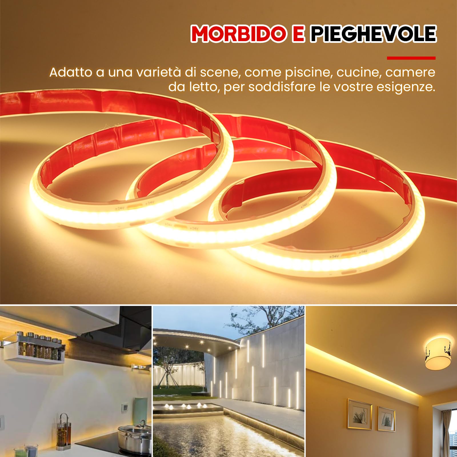 Wisada 24V COB LED Strip Light, 320 LEDs/m, IP68 Impermeabile, Flessibile Striscia di Luce LED per Rooflight Soggiorno Cucina Decorazione (Bianco Caldo (3000-3500K), 2M)