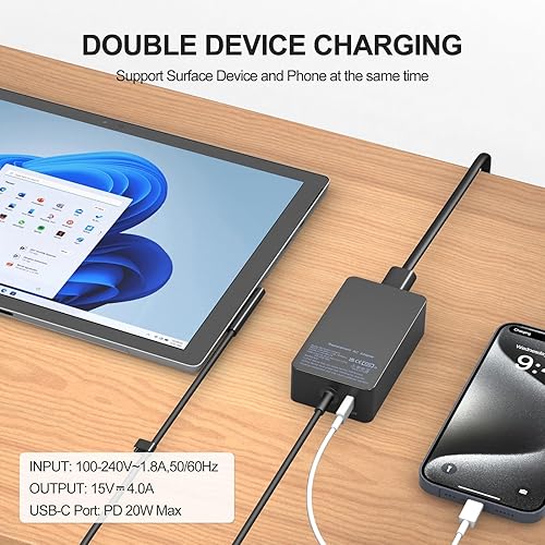 Miniatura 2 de Cargador de portátil Surface de 65 W para Microsoft Surface Pro 11109877+6543X, Surface Laptop 765432, Surface Go 432, Surface Book 321, cargador
