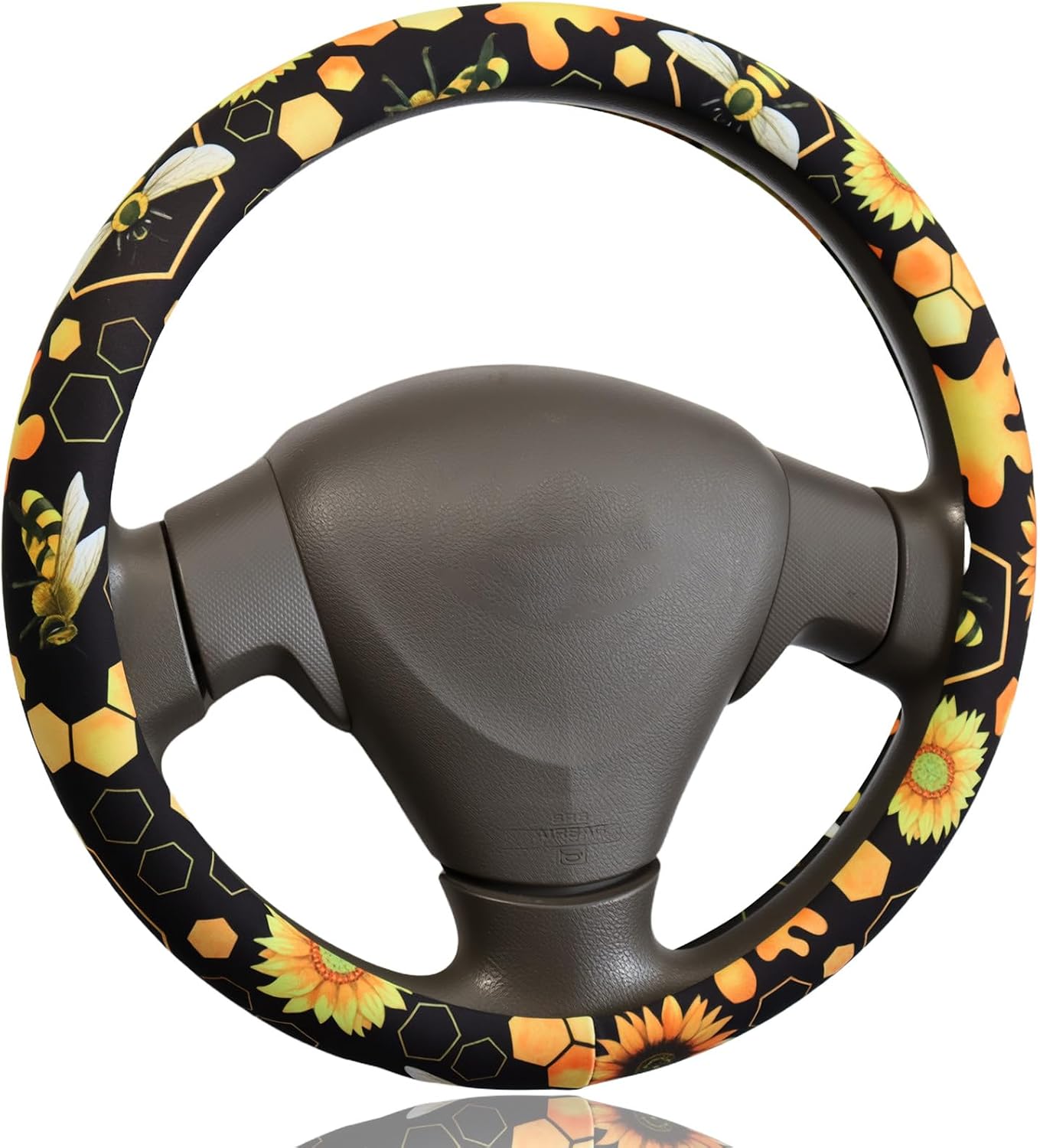 Rainbow Flowers Floral Steering Wheel Cover for 14.5-15 Inch Wheels, Premium Fabric with Non-Slip Rubber Inner Ring (Rainbow)
