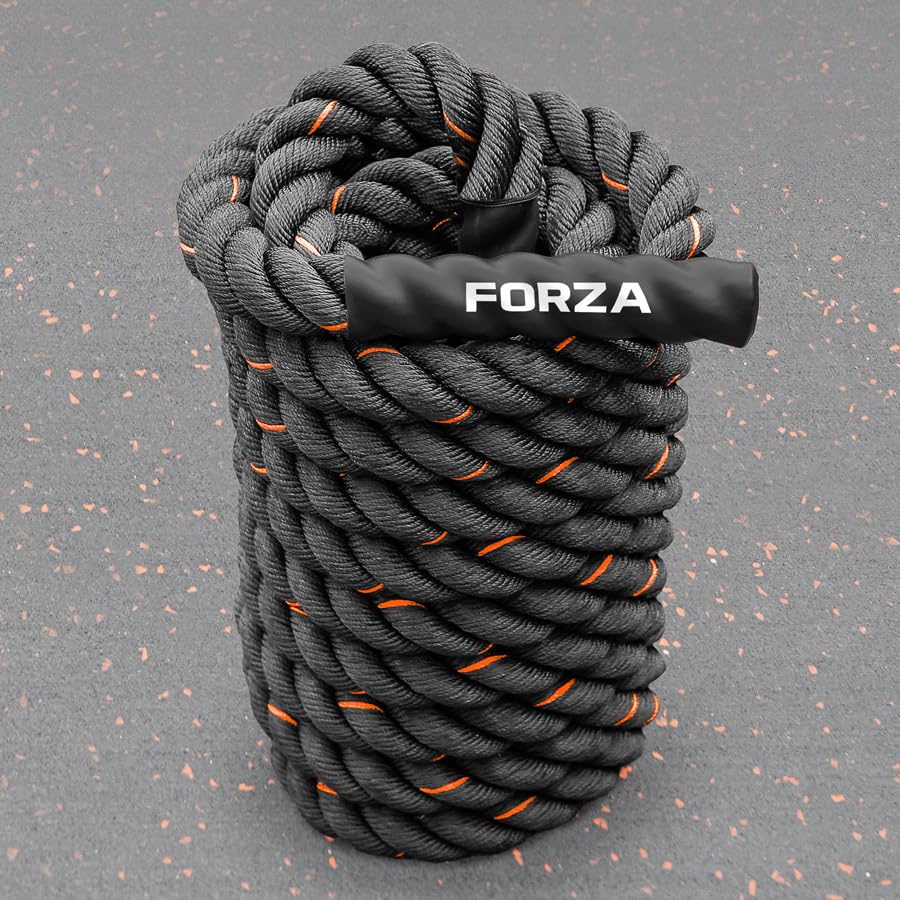 FORZA Battle Ropes, Weighted Gym Training Rope, Available in 9m, 12m or 15m (Orange & Black, 15m x 34mm + Anchor Kit)