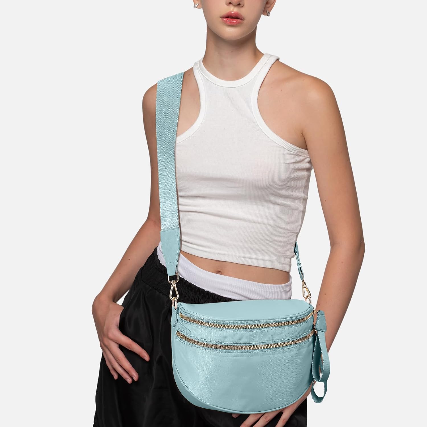 hibear Nylon Bum Bags for Women Crossbody Spacious Checkered Crossbody Bag Large fanny packs for women Belt Purse (beige) - Image 8