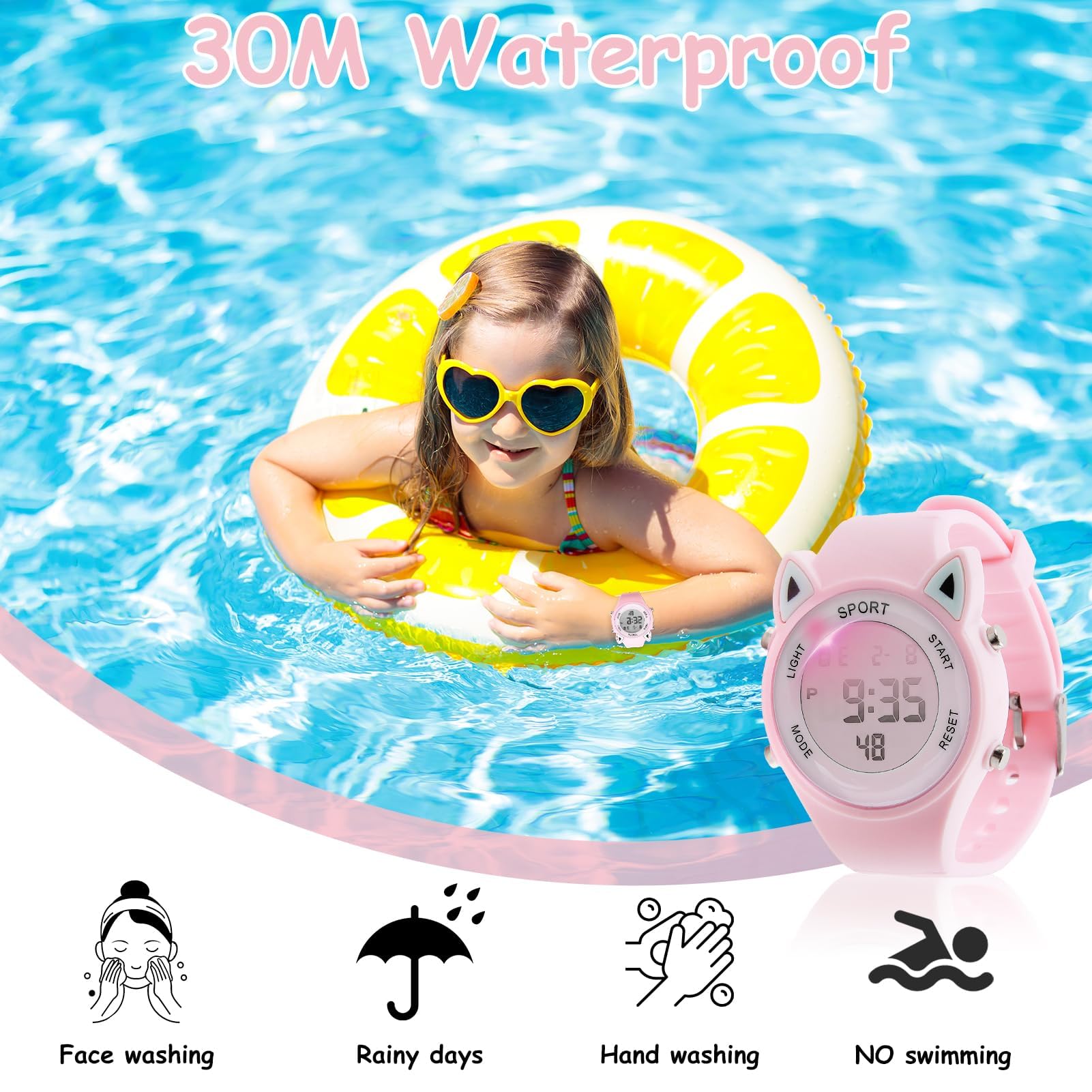 Reloj Digital para Niña con Disegno 3D Orecchie di Gatto Impermeabile 30M Alarma Cronómetro Luz