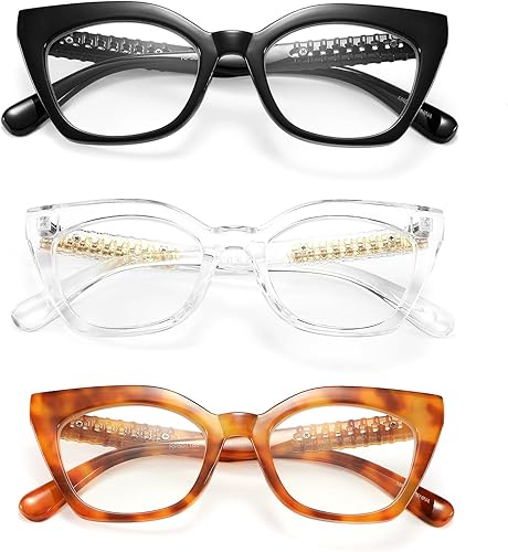 eyeezi Paquete de 3 lentes de lectura de ojo de gato para mujer, de gran tamaño, antifatiga ocular, lentes de computadora con bloqueo de luz azul