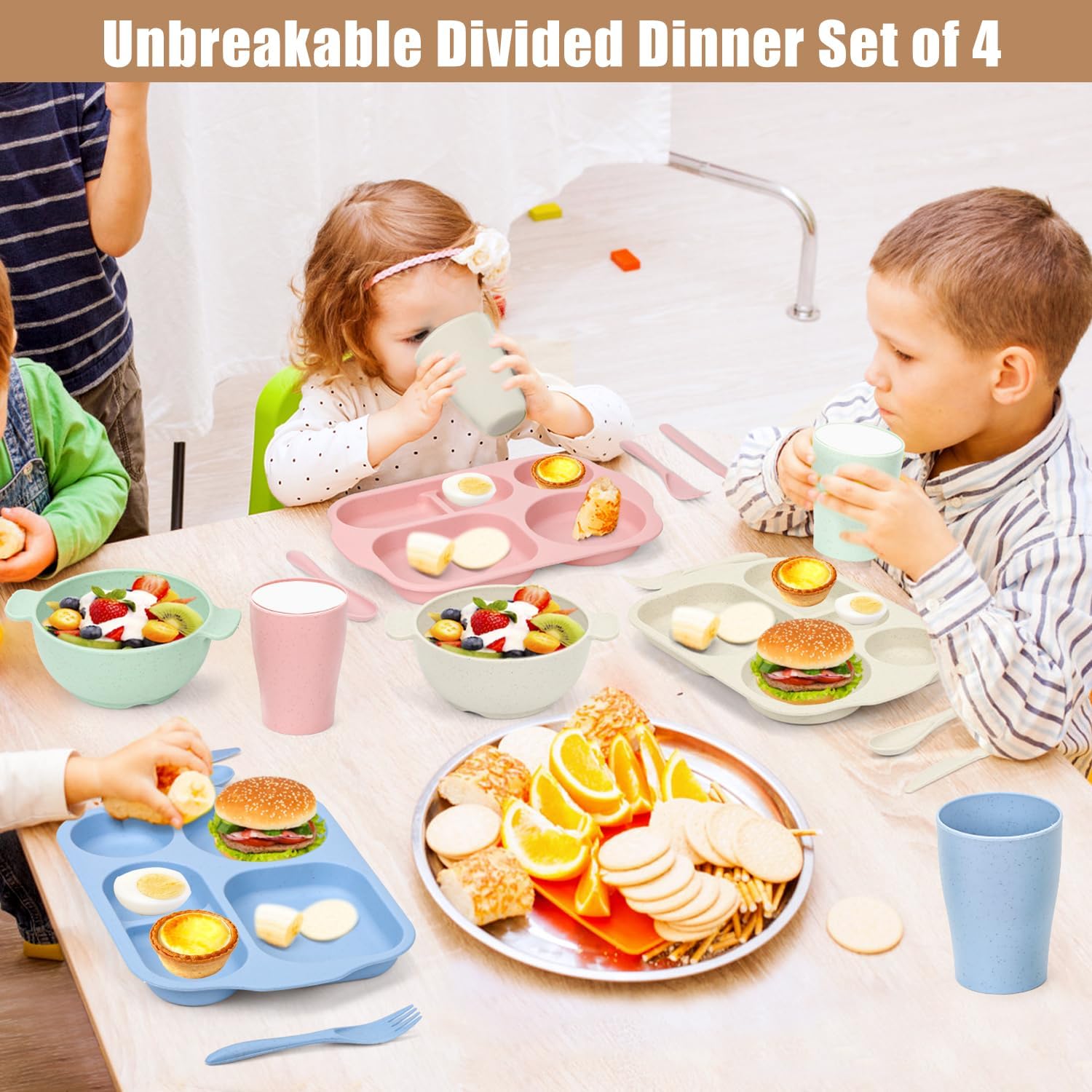 24 PCS Wheat Straw Dinnerware Set for Kids Toddler Plate Bowl Cup Sets Unbreakable BPA-Free Tableware Set with Divided Plate Microwave Dishwasher Safe Perfect for Home School Picnics - Image 5
