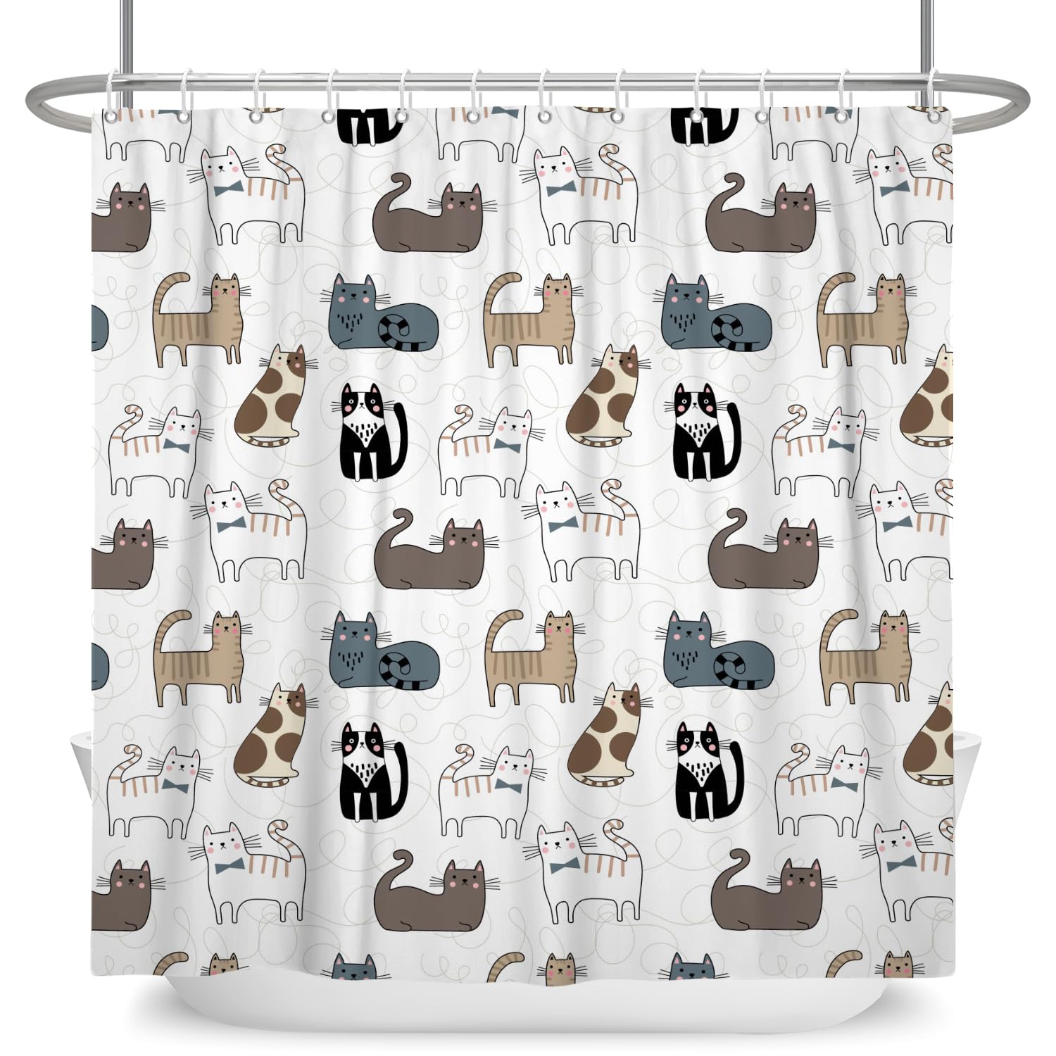 SDOTPMT 140x180cm Cute Funny Animal Shower Curtain Cartoon Playing Cats Pattern White Bath Curtain Modern Classic Bathtub Curtain for Boys Girls Bathroom Decor Polyester with Hooks - Image 4