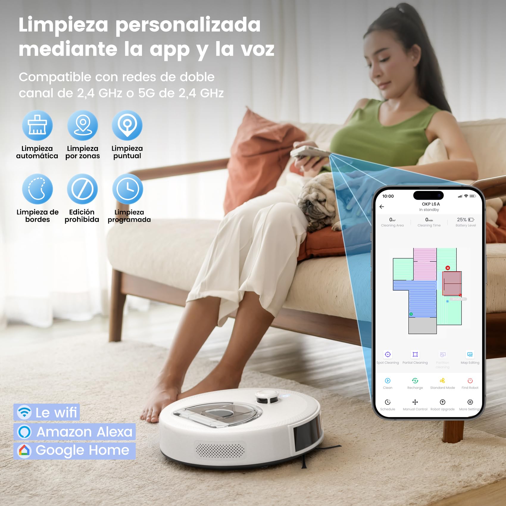 OKP Robot Aspirador y fregador, 6000 Pa,Depósito de Agua de 200 ML, 150 Mins Máx, Navegación LiDAR y Tecnología PSD190°, App/Alexa/Google, para Suelos Duros y Pelo de Mascotas, L6 Aqua Blanco
