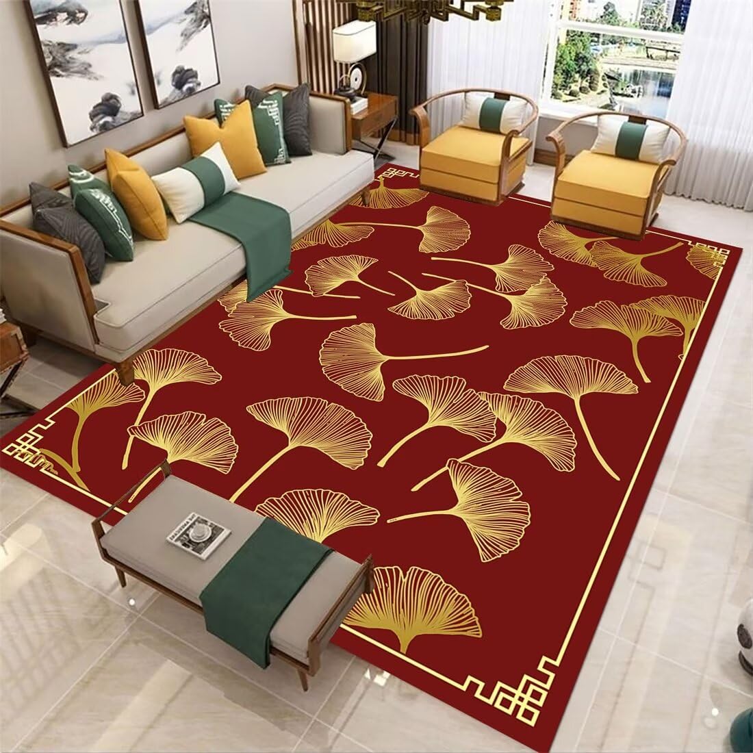Tapis de jeux bébé tapis de salon feuilles jaunes rouge 140x200cm déco cuisine