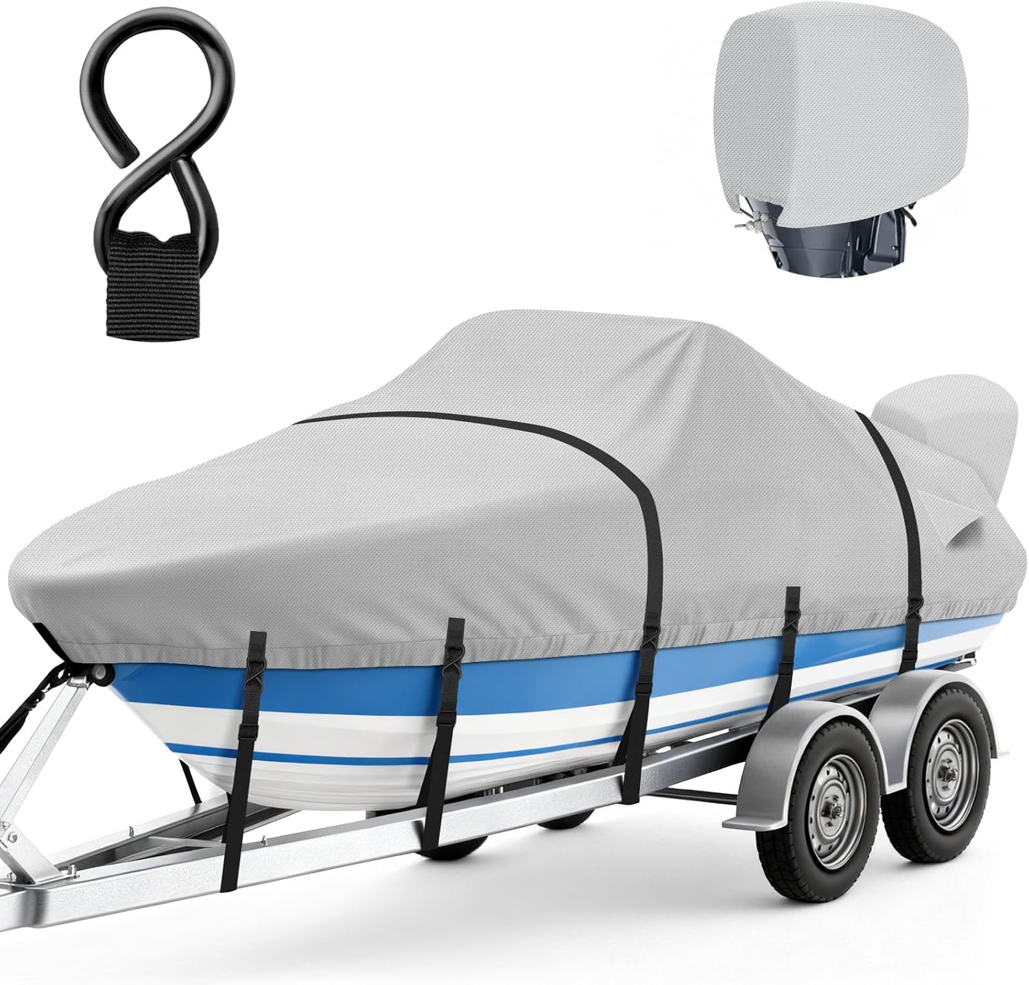 Boat Cover 20-22 FT,1200D Trailerable Boat Cover 20 21 22 Foot with Metal Hooks & Motor Cover- Fit 20 to 22ft V-Hull, Tri-Hull, Fishing Boats, Runabout, Fish & Ski and Pro-Style Bass Boats