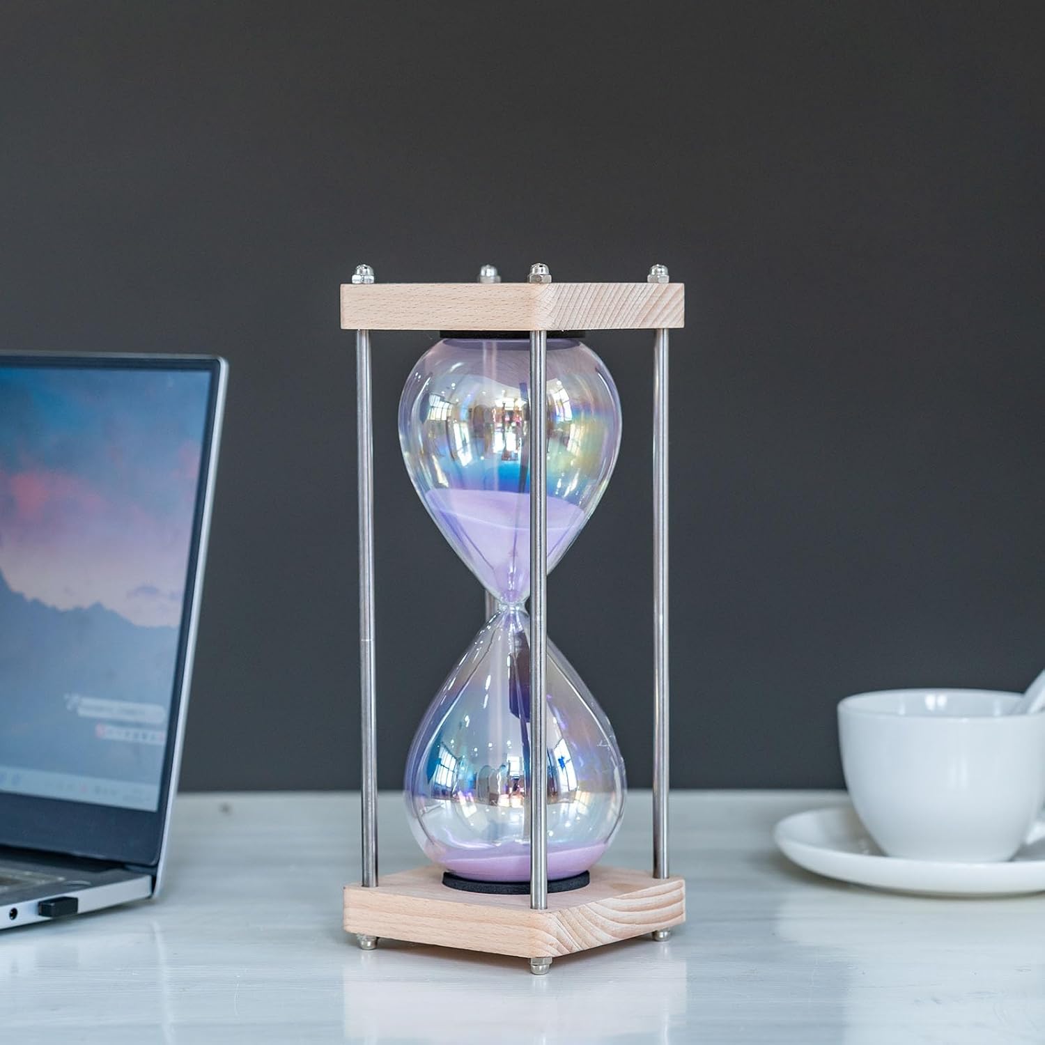 Large 60-Minute Hourglass Sand Timer,Pastel Macaron Glass & Natural Oak Wood Base, Modern Minimalist Office Home Desktop Decor (Macaron Purple)