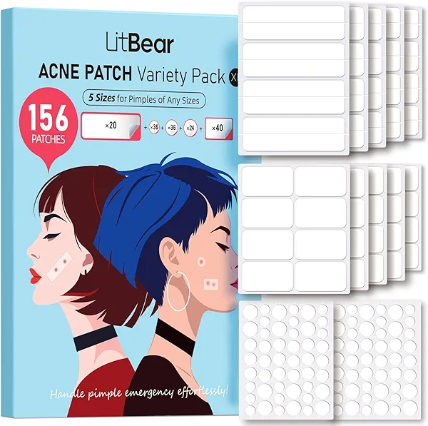 LitBear Large Pimple Patches, 5 Sizes 156 Patches Big Acne Patch, 60 XL Hydrocolloid Patch for Full Face, Forehead, Chin, Nose, Body, Back, Neck & Chest, Stirp, Square Large Hydrocolloid Bandages