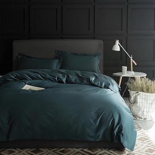 Solid Color Egyptian Cotton Duvet Cover Luxury Bedding Set High Thread Count Long Staple Sateen Weave Silky Soft Breathable Pima Quality Bed Linen (Pine Green, Queen)