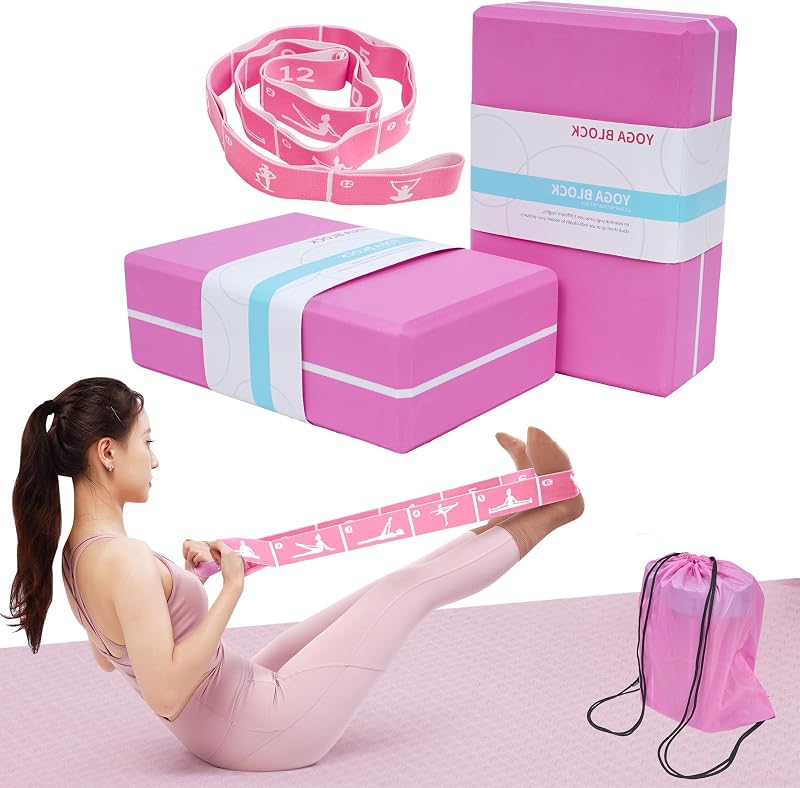Paquete de 2 bloques de yoga con banda elástica y bolsa – Bloques de yoga de espuma de alta densidad para estabilidad, estiramiento profundo y equilibrio, correa de resistencia de 12 bucles para yoga, pilates, danza y entrenamiento de flexibilidad