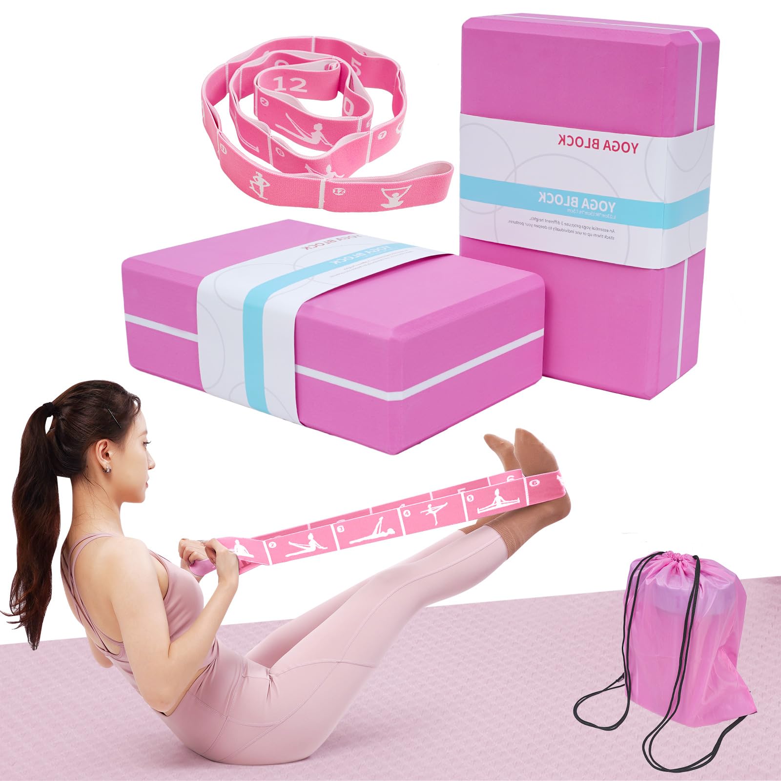 Blocchi da yoga con fascia elastica e borsa, blocchi per yoga in schiuma ad alta densità per stabilità, stretching profondo ed equilibrio, cinghia di resistenza a 12 anelli per yoga, pilates, danza e
