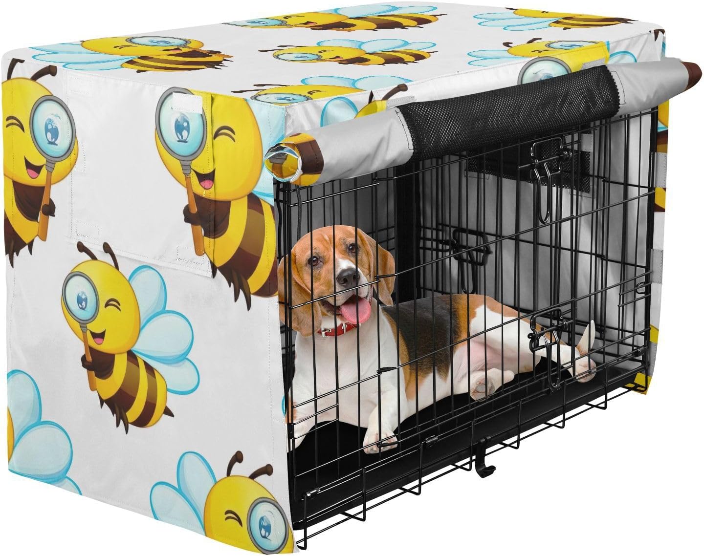 Cute Cartoon Bees Dog Crate Cover Roll-up Sides, Pet Cage Cover with Mesh Windows, X-Large