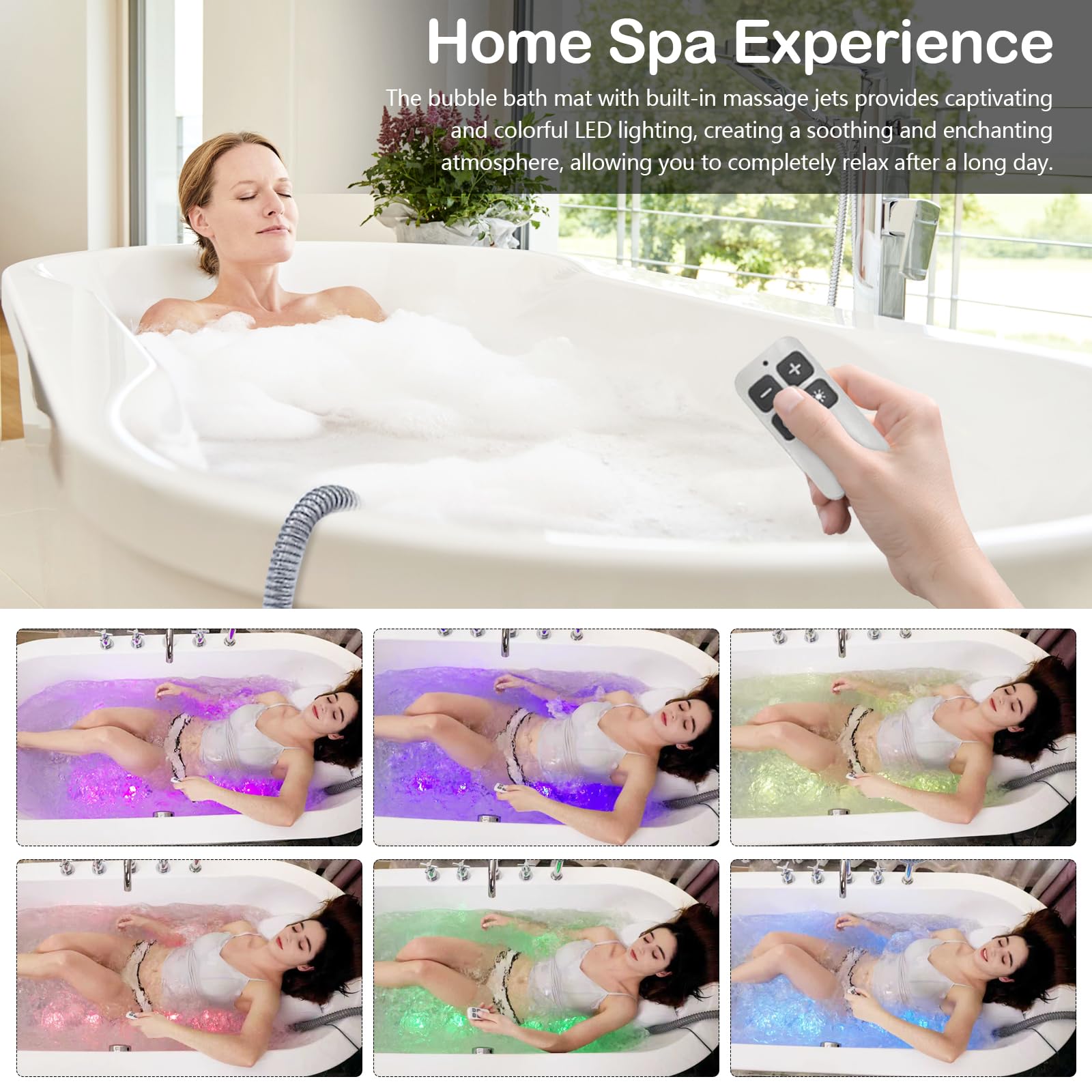 Tapis de Bain à Bulles, Tapis SPA pour Baignoire Tapis de Massage à Bulles d'Air avec éclairage LED Multicolore 6 Niveaux d'Intensité 93 Jets et Oreiller Accessoire de Bain SPA