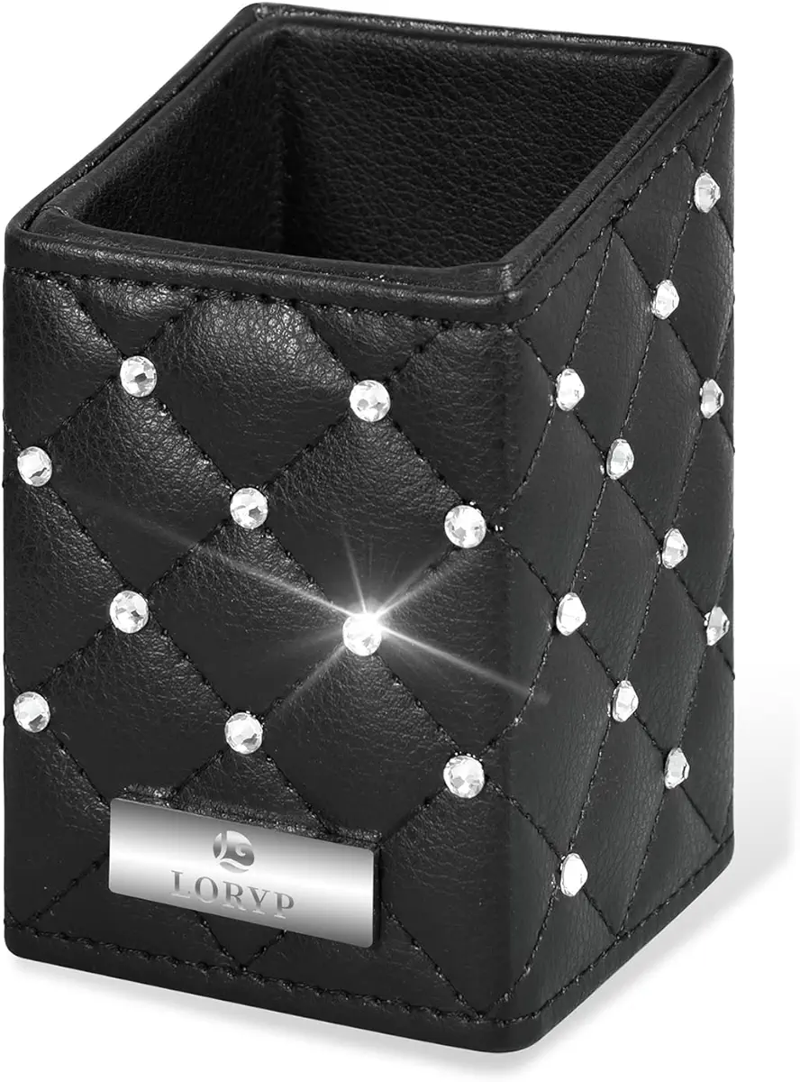 LORYP Makeup Brush Holder Crystal Brushes Cup Black PU Make up Brush Case Bag Storage for Women (Black)
