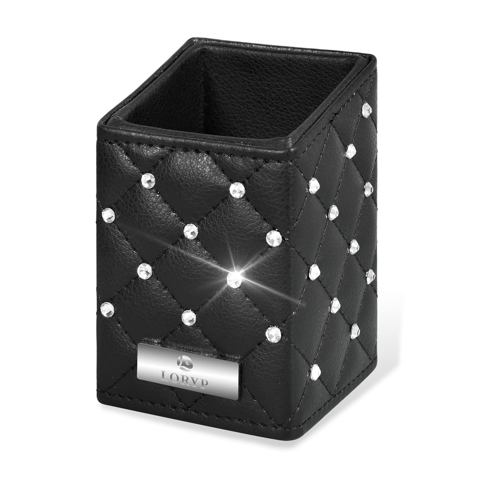 LORYP Makeup Brush Holder Crystal Brushes Cup Black PU Make up Brush Case Bag Storage for Women (Black)