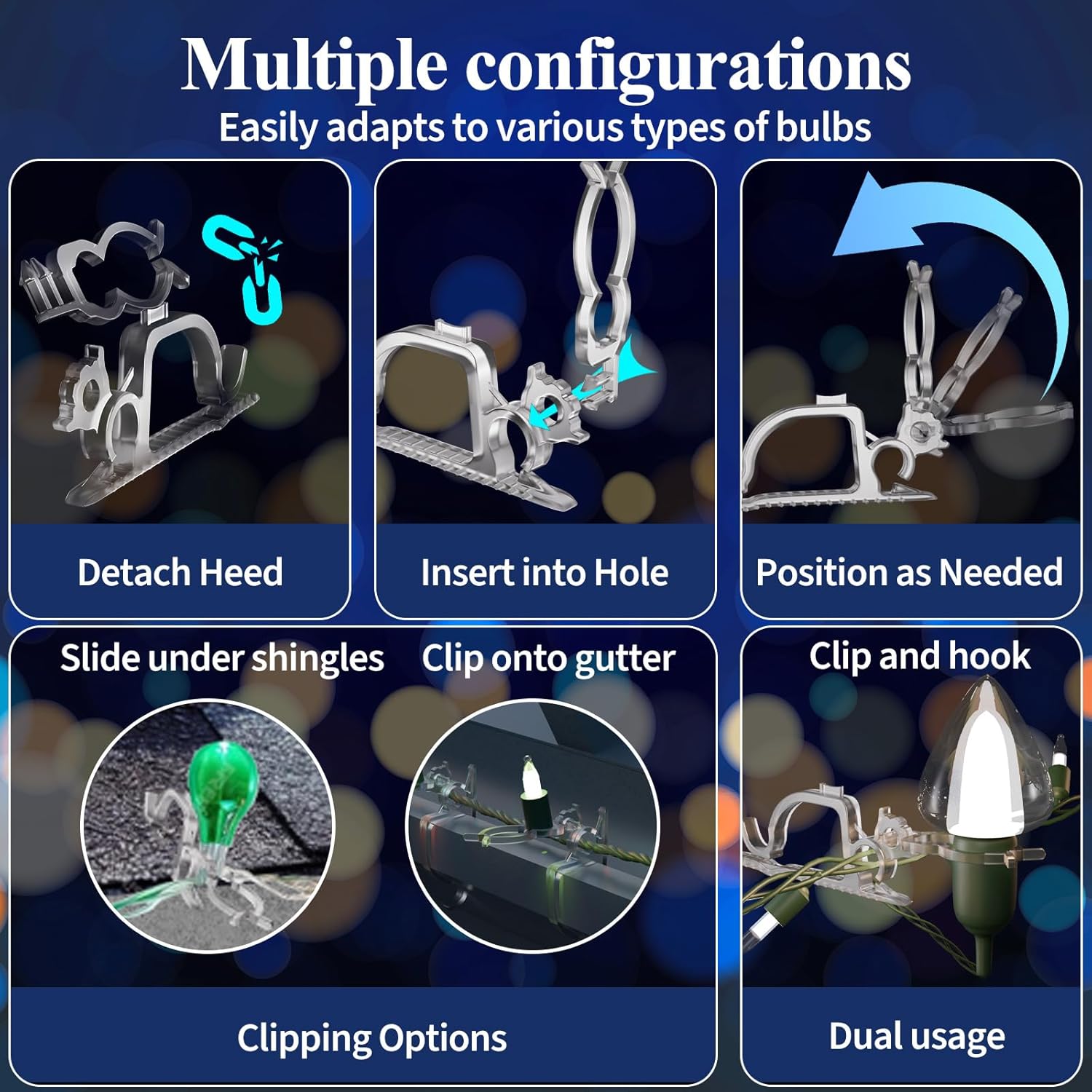Holiday Light Clips [Set of 200] Christmas Outdoor Light Clips - Mount to Shingles & gutters - Works with Mini, C6, C7, C9, Rope, Icicle Lights - No Tools Required