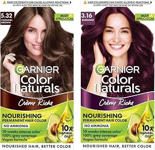 Garnier Color Naturals Crème hair color, Shade 5.32 Caramel Brown, 70ml + 60g & Garnier Color Naturals Crème hair color, Shade 3.16 Burgundy, 70ml + 60g