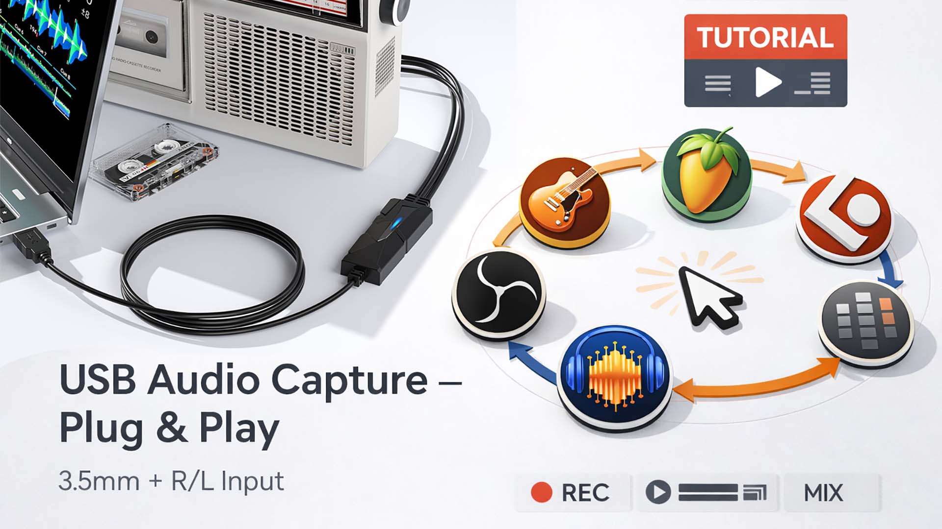 Image of DigitalLife AuralynX USB Audio Capture Device | Convert Cassette Tapes to MP3, RCA & 3.5mm Input, Compatible with Windows,Mac & Linux,for Content Creator & Educator(1-Pack)