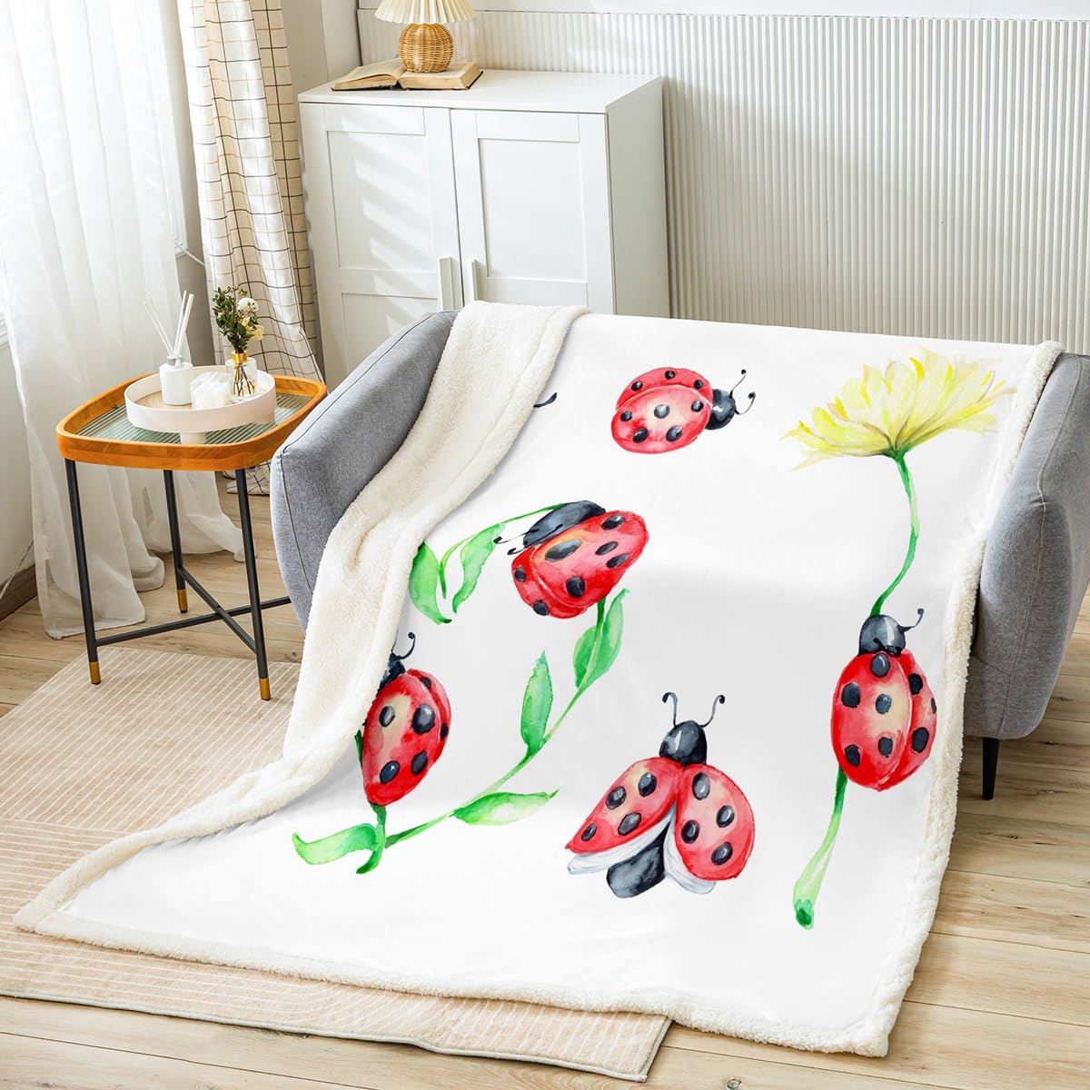 Homemissing Coperta in pile a forma di coccinella, per bambini, con fiori e coccinelle, coperta in peluche per letto e divano, coperta in pile Sherpa, decorazione per la stanza, 228 x 228 cm