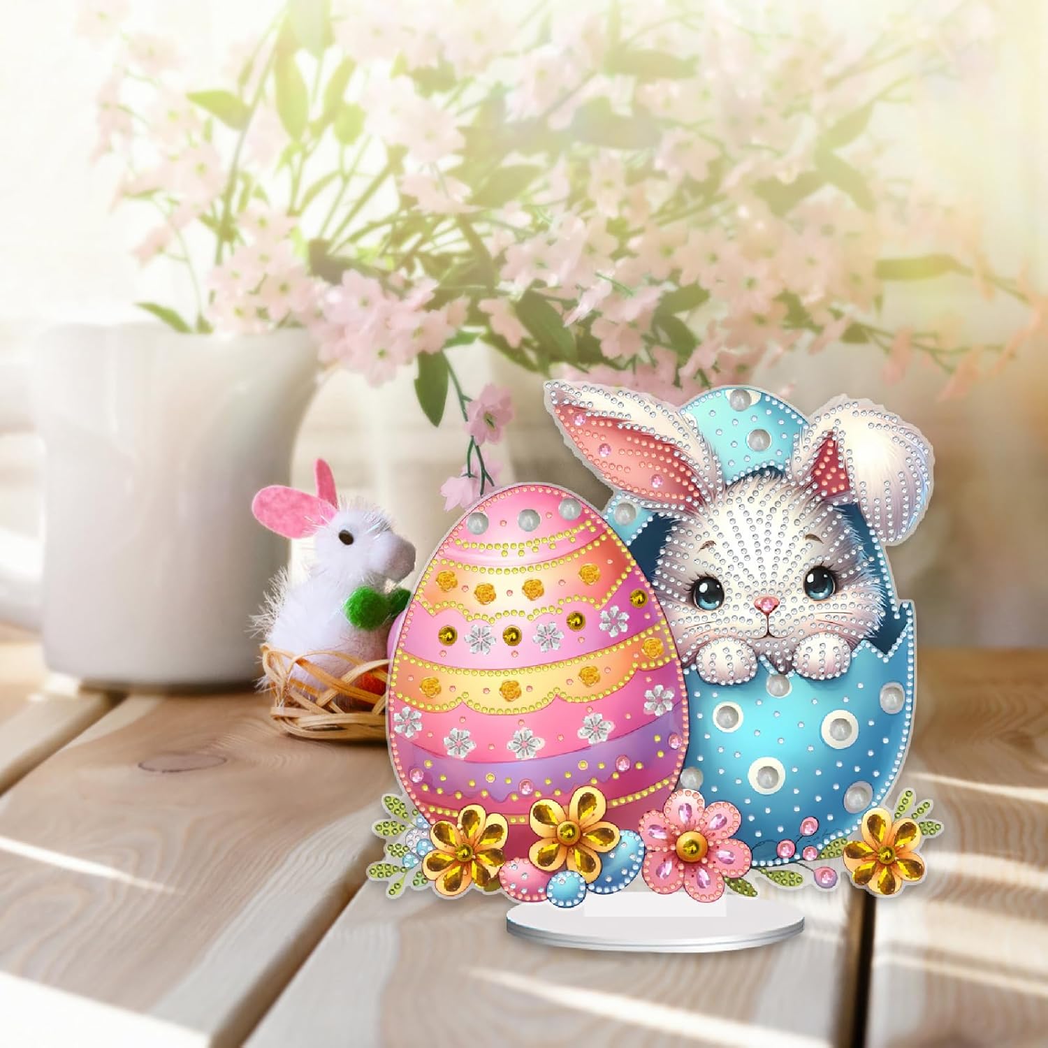 BAYUNOE 4Pcs DIY Diamond Art Painting Desktop Ornament Easter Handmade Double-Sided Pattern Diamond Art Decorated Tabletop Ornaments Single Sided Diamond Home Decor-Bunny Eggs