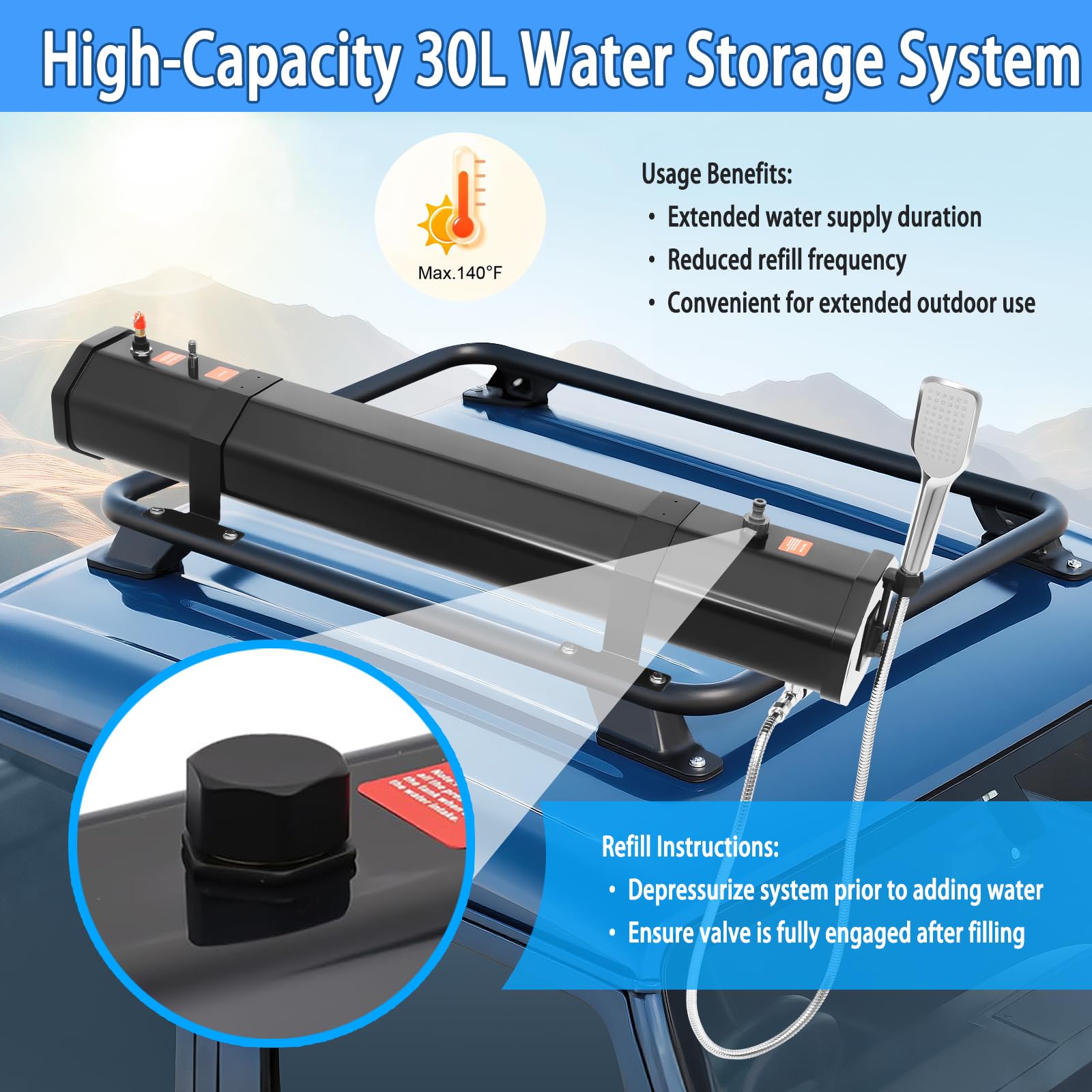 Doccia Portatile per Tetto con Serbatoio d'Acqua Pressurizzato, Doccetta e Tubo Regolabili per Campeggio Fuoristrada, SUV, Camion, Camper e Avventure all'Aperto