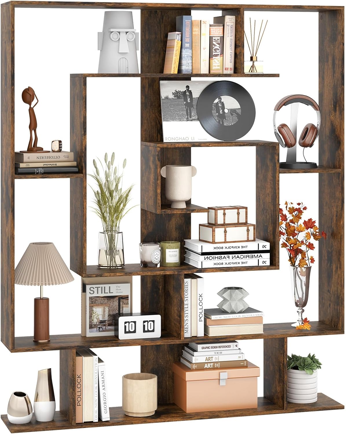 Image of Libreria Scaffale Geometrico Spirale ad Angolo Retto a 7 Ripiani, Scaffale Espositivo in Legno Salvaspazio, Libreria per Camera da Letto, Soggiorno e Salotto, 125 x 22 x 150 cm (Marrone)