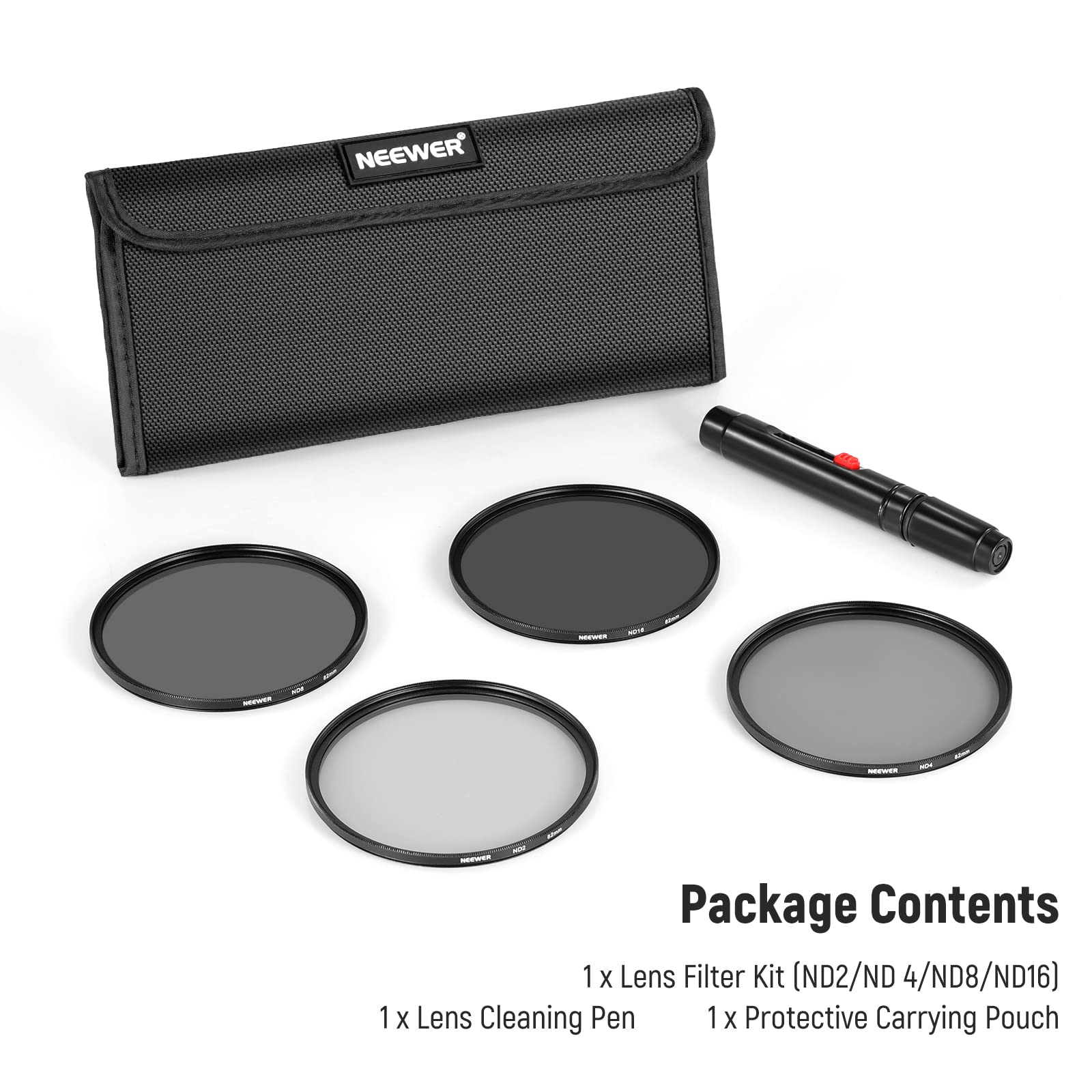 Neewer Kit di filtri ND da 82 mm: ND2 ND4 ND8 ND16, penna per la pulizia dell'obiettivo, sacchetto filtro a densità neutra e kit di accessori compatibile con fotocamere DSLR Canon, Nikon, Sony,