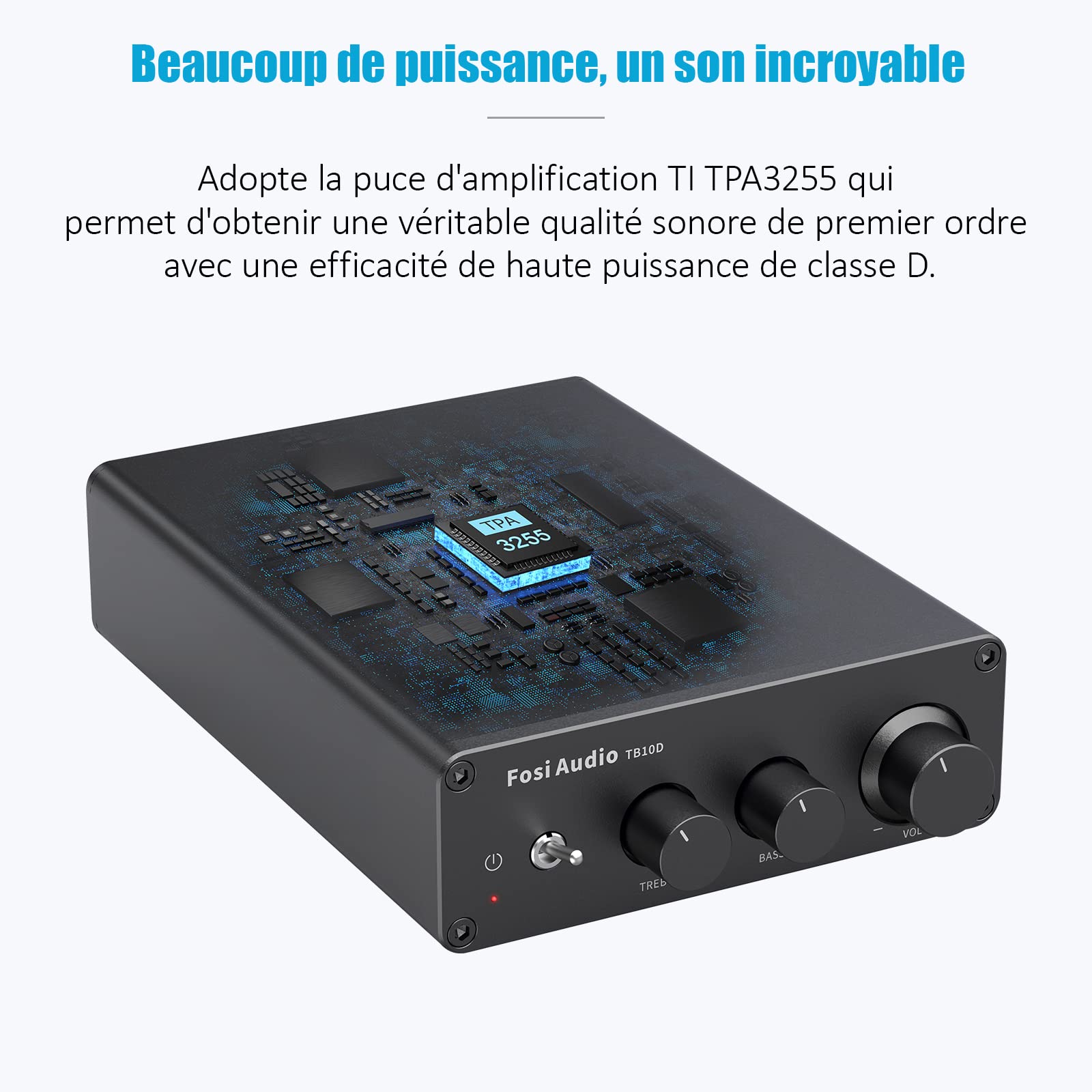 Fosi Audio TB10D 600 Watts TPA3255 Mini amplificateur HiFi Stéréo Classe D Ampli Récepteur Audio 2 canaux intégré pour Haut-parleurs passifs avec contrôle des aigus et des Basses