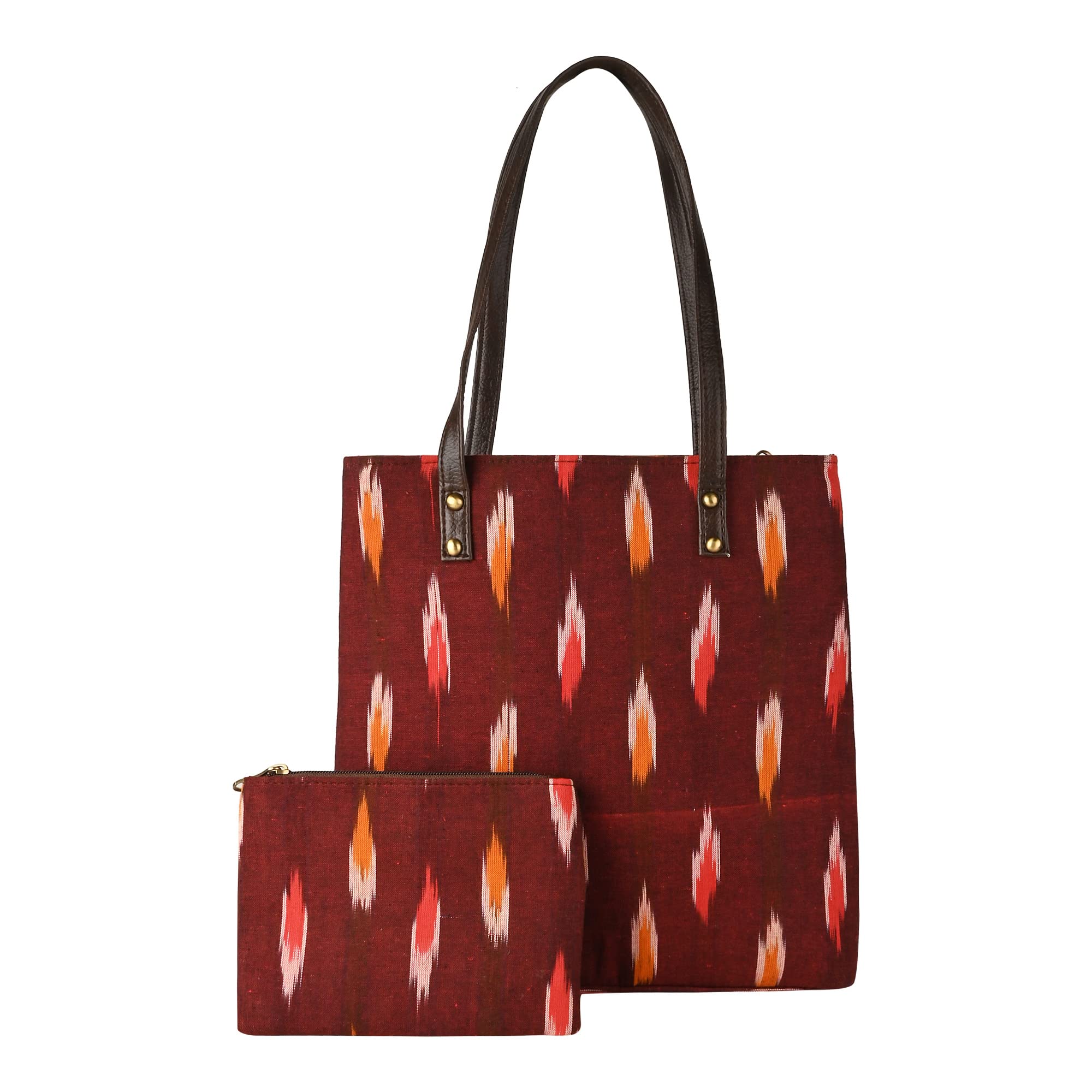 VivinkaaEthnic Ikat Print Faux Leather Cotton Maroon Herring Mini Tote Bag