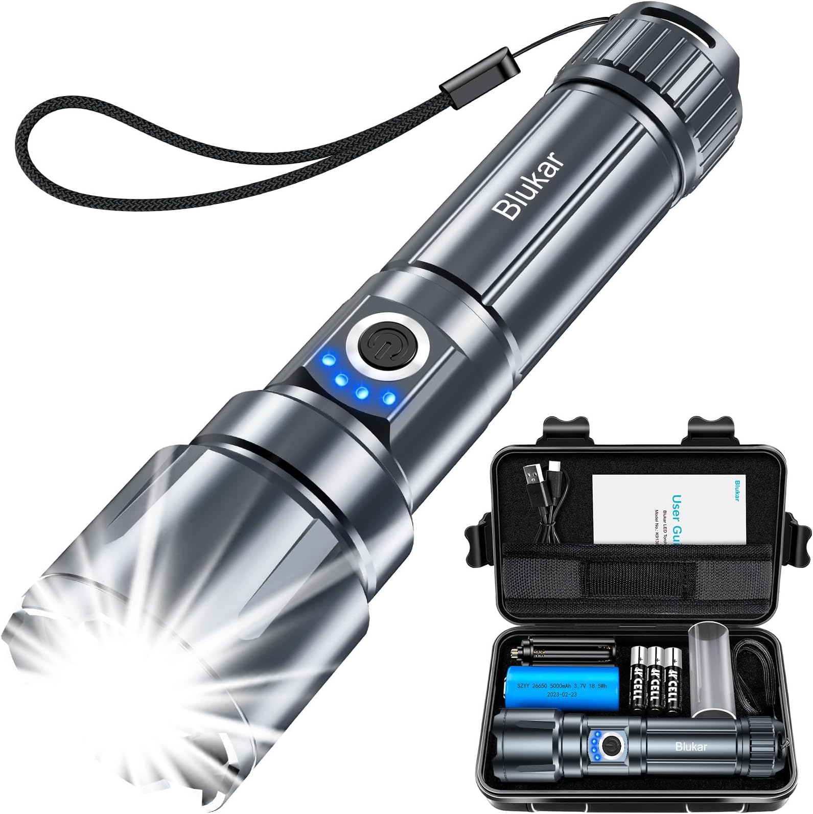 LED Torch, Blukar 20000 Lumens Super Bright Torches Led - Adjustable Focus, 5000 mAh, IP67 Waterproof, Powerful Long Lasting Handheld Flashlight for Power Cuts, Camping, Emergency-Grey