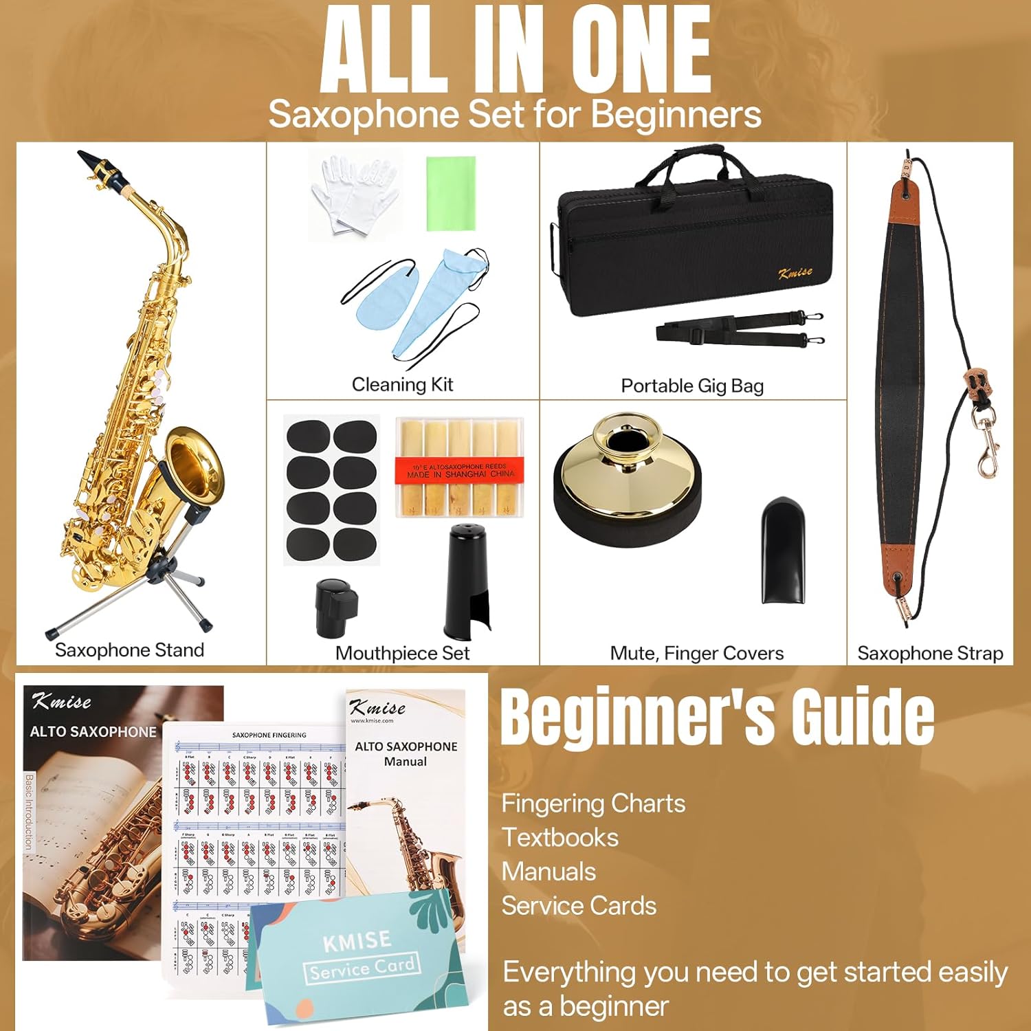 Kmise E Flat Alto Saxophone, Lightweight Saxophones for Students Beginner, Saxofon Full Kit with Portable Case, Sax Stand, Strap, Reeds, Beginner's Guides, Mute, Cleaning Kit (Gold Lacquer)