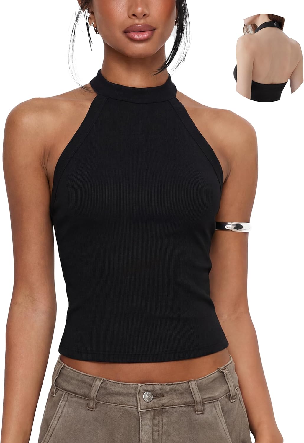 SUUKSESS Halter Tank Tops for Women Padded Cotton Ribbed High Neck Tank Tops Basic Backless Top