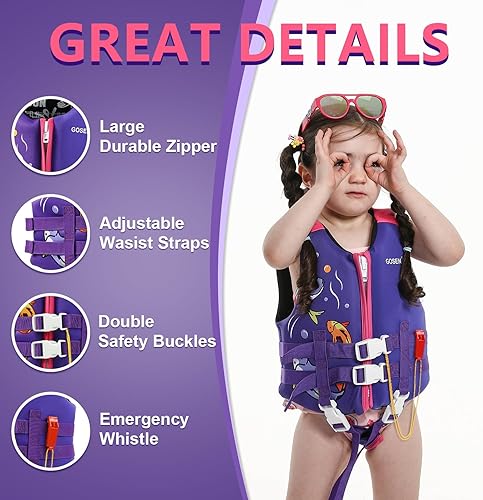 Miniatura 2 de Chaleco de natación para niños y niñas de 24 a 66 libras, chaleco de natación con correa de seguridad ajustable, fácil de poner y quitar, ayuda