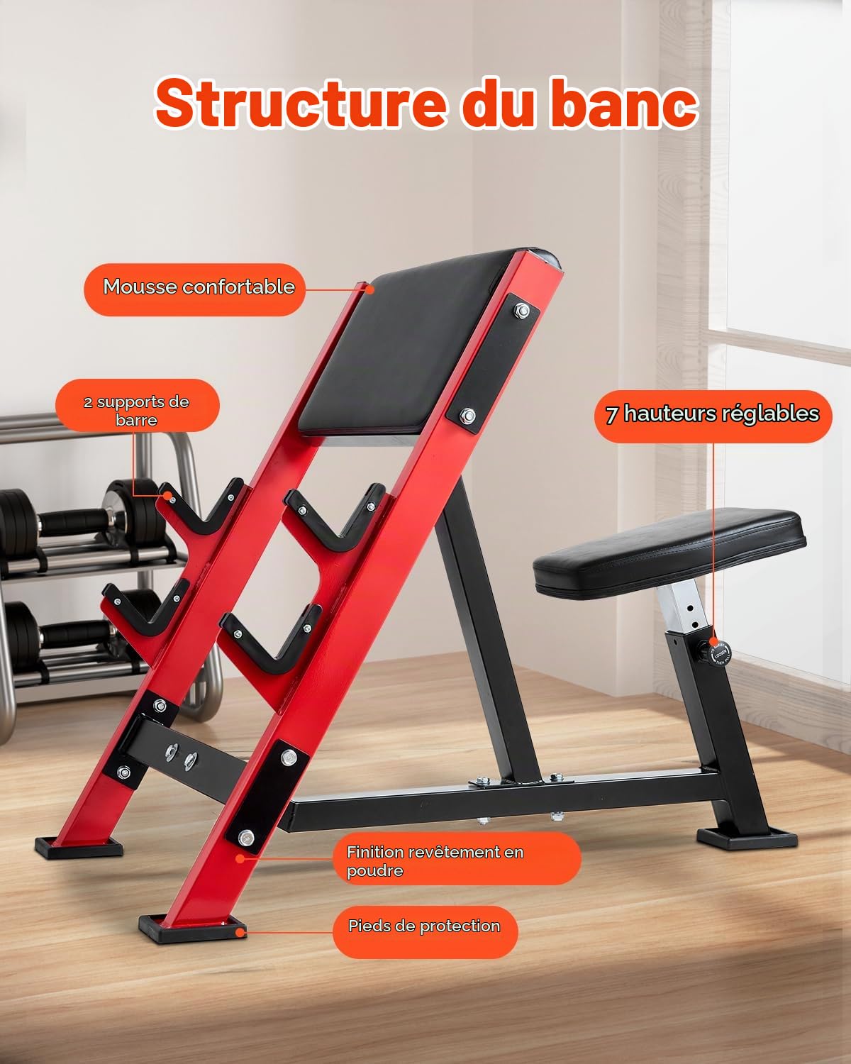 VEVOR Banc à Biceps Charge Maximale 300 kg, Pupitre à Biceps pour Entraînement avec Haltères et Barre d’Haltères, Banc de Musculation Fitness Réglable, avec Supports de Barre, pour Salle de Sport