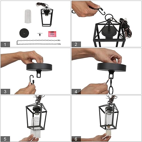 Miniatura 8 de Lámpara colgante al aire libre para porche, luz colgante negra con vidrio transparente, moderna jaula de metal de granja, cadena ajustable para