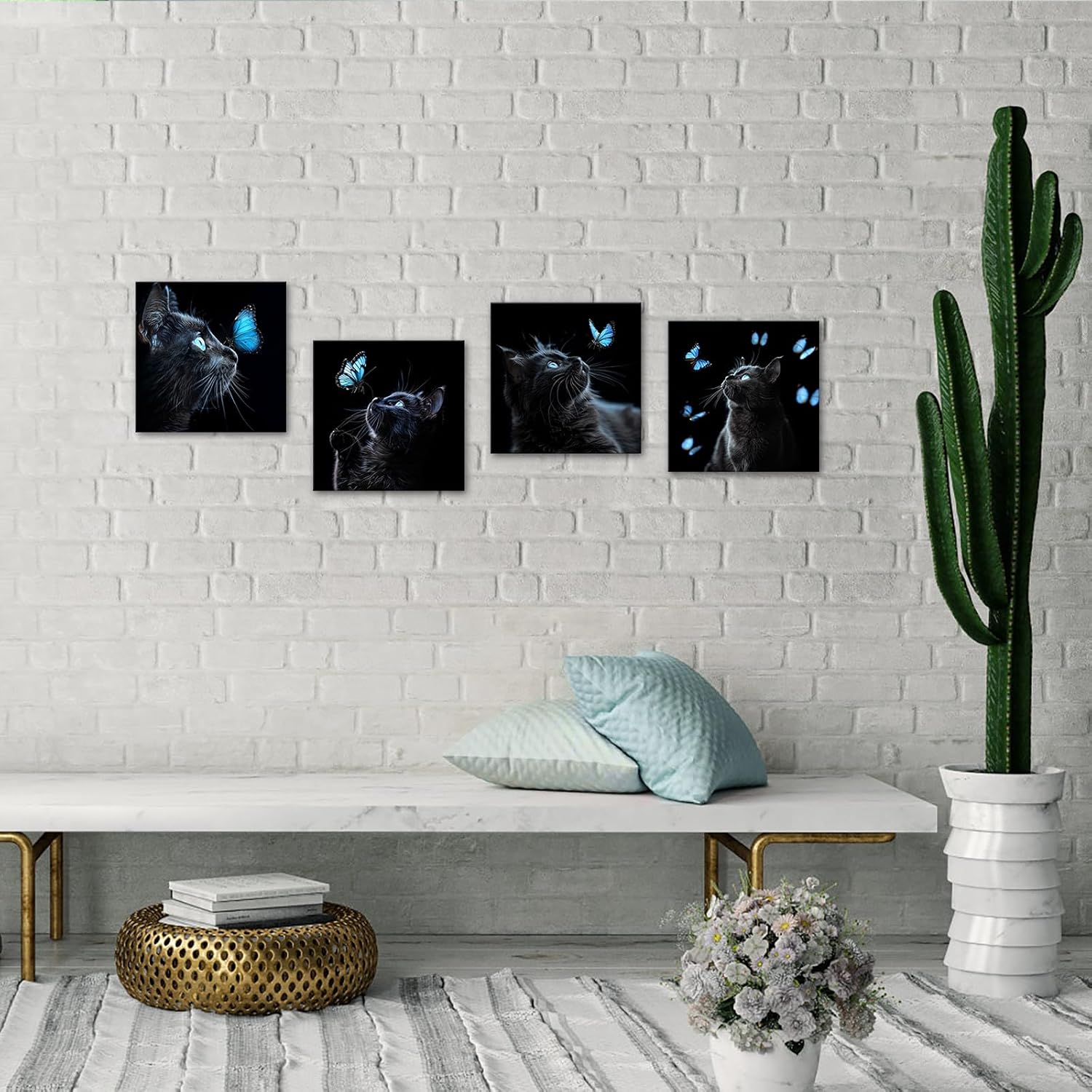 iLOOKLiKE 4 Pieces Cat Wall Art Blue Butterfly with Black Animal Pet Canvas Prints Painting Cute Kitten Pictures Poster Framed for Girls Bedroom Living Room Home Decor Ready to Hang 12x12inchx4pcs